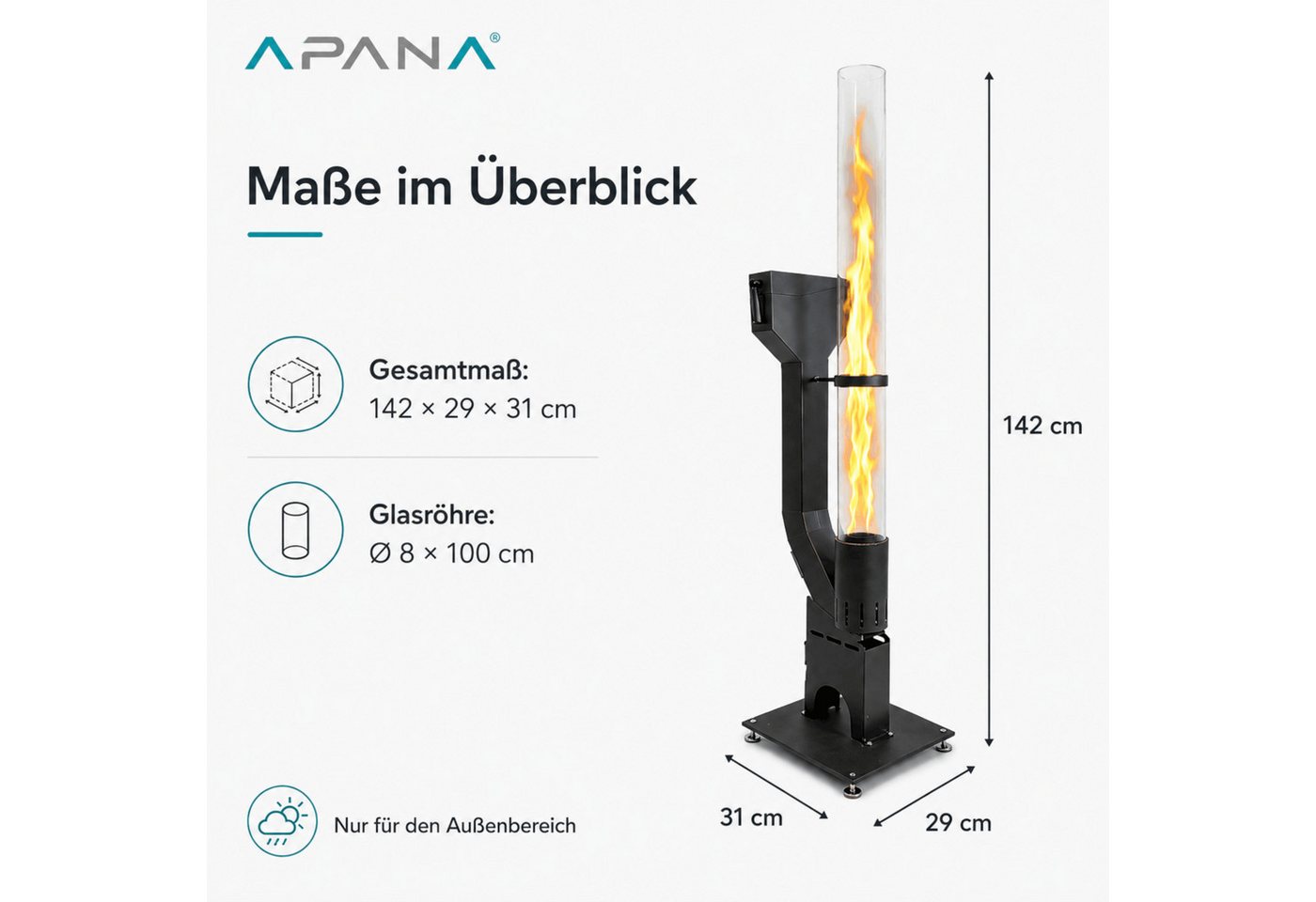 APANA Heizstrahler Pelletfackel FLAME Feuerrohr Holzpellets Feuerfackel Gartenfackel, mit sichtbarer Flamme in hitzebeständiger Glasröhre Bild 4