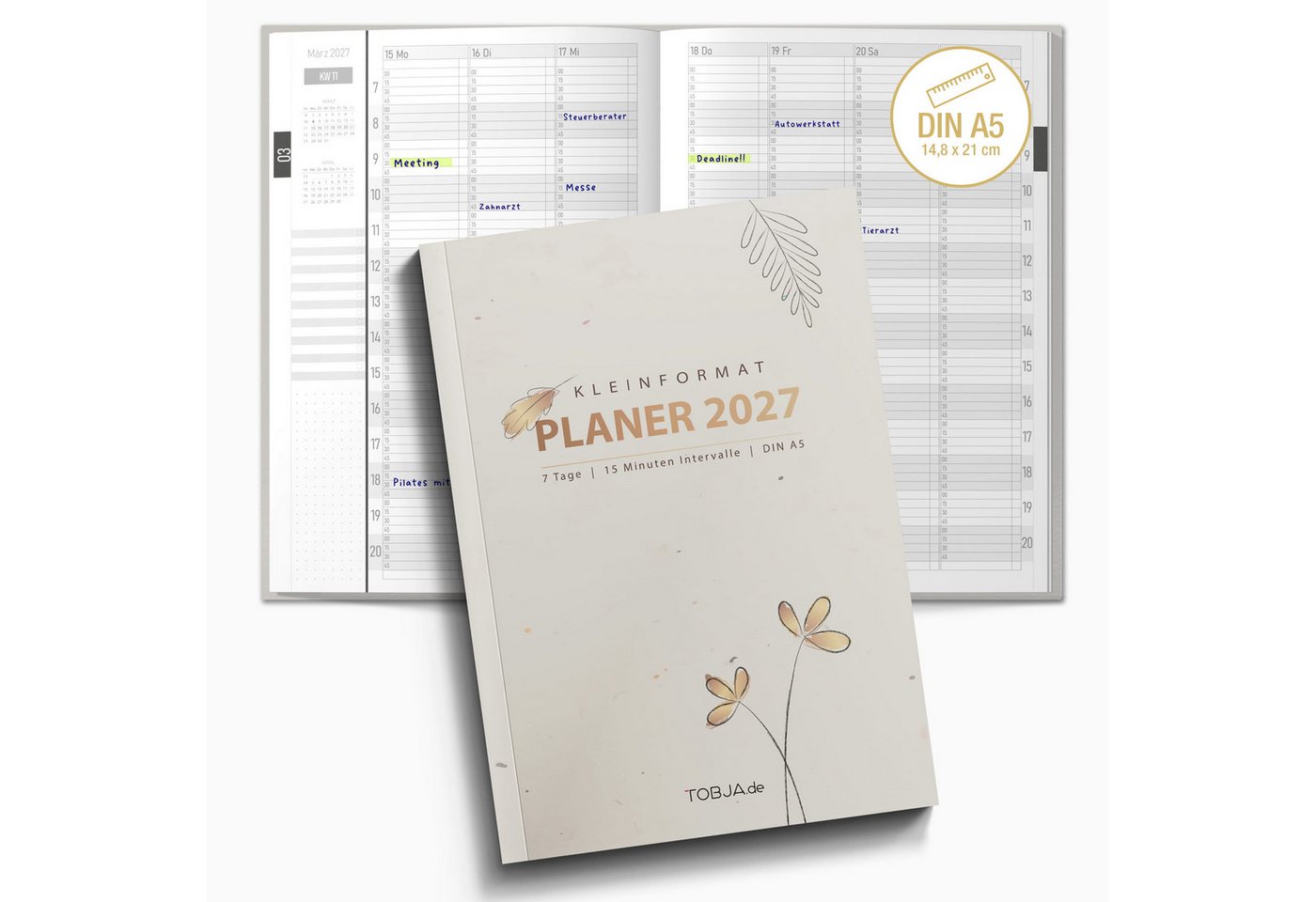 TOBJA Buchkalender Praxisplaner 2027 A5 Flora Terminplaner Salon Kosmetik 15 Min Takt FSC, 15-Min-Takt 7-21 Uhr, A5, 1 Wo 2 Seiten, FSC-Papier, Blumen-Design