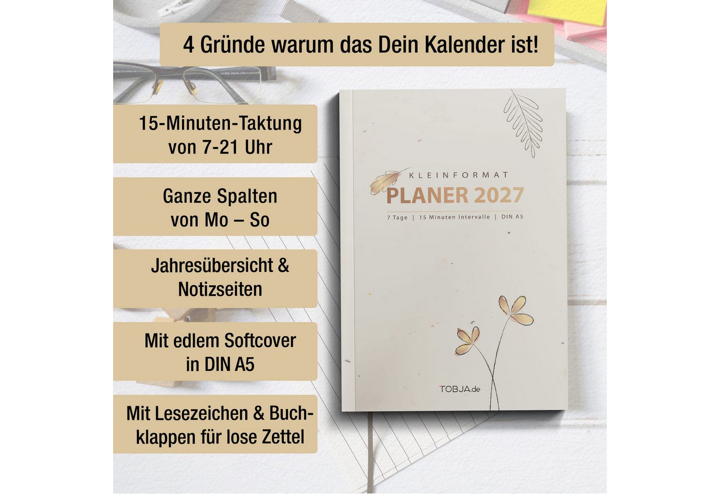 TOBJA Buchkalender Praxisplaner 2027 A5 Flora Terminplaner Salon Kosmetik 15 Min Takt FSC, 15-Min-Takt 7-21 Uhr, A5, 1 Wo 2 Seiten, FSC-Papier, Blumen-Design Bild 2