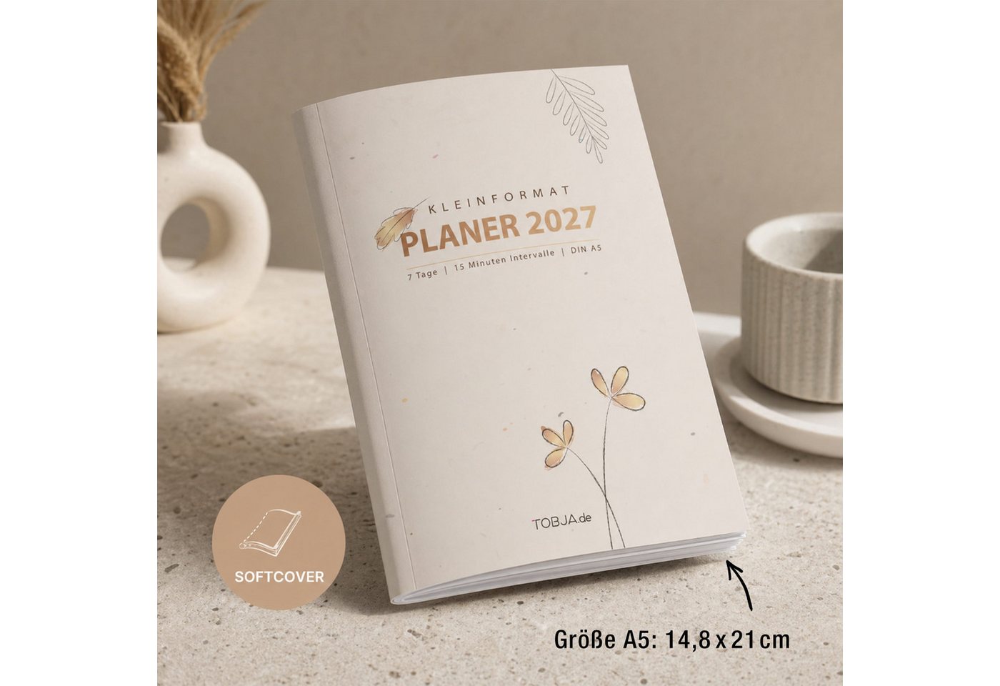 TOBJA Buchkalender Praxisplaner 2027 A5 Flora Terminplaner Salon Kosmetik 15 Min Takt FSC, 15-Min-Takt 7-21 Uhr, A5, 1 Wo 2 Seiten, FSC-Papier, Blumen-Design Bild 3