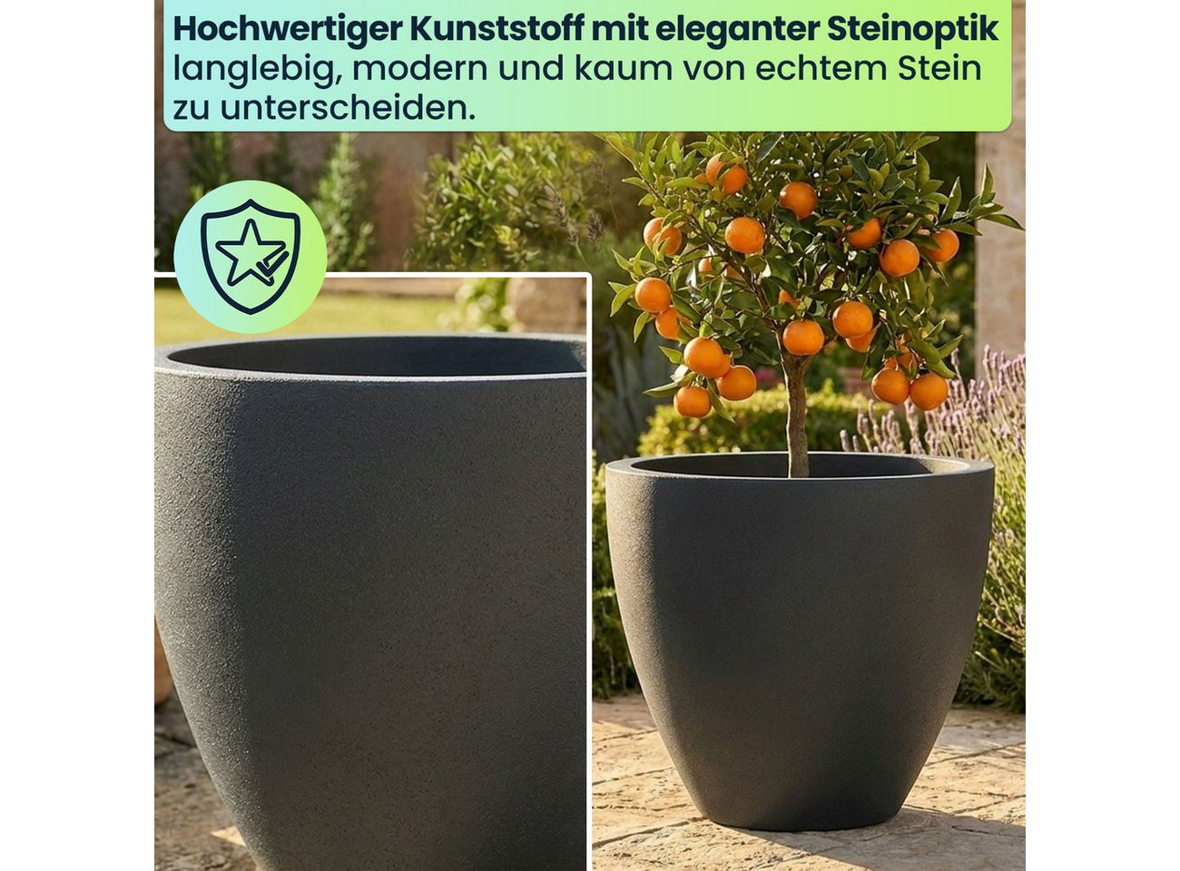 Prosperplast Pflanzkübel Ethick Pflangefäß rund Ø 58 cm Graphit 86L Blumentopf edles Design (1 St., 1er-Set & 2er-Set & 3er-Set), 58,0 x 50,0 cm Kunststoff-Pflanzkübel/Wasserauslass/UV-beständig