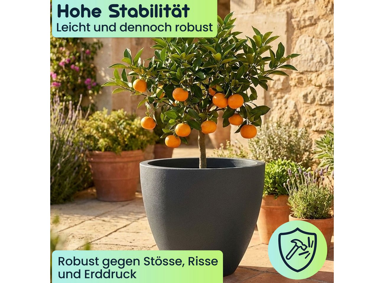 Prosperplast Pflanzkübel Ethick Pflangefäß rund Ø 58 cm Graphit 86L Blumentopf edles Design (1 St., 1er-Set & 2er-Set & 3er-Set), 58,0 x 50,0 cm Kunststoff-Pflanzkübel/Wasserauslass/UV-beständig Bild 2