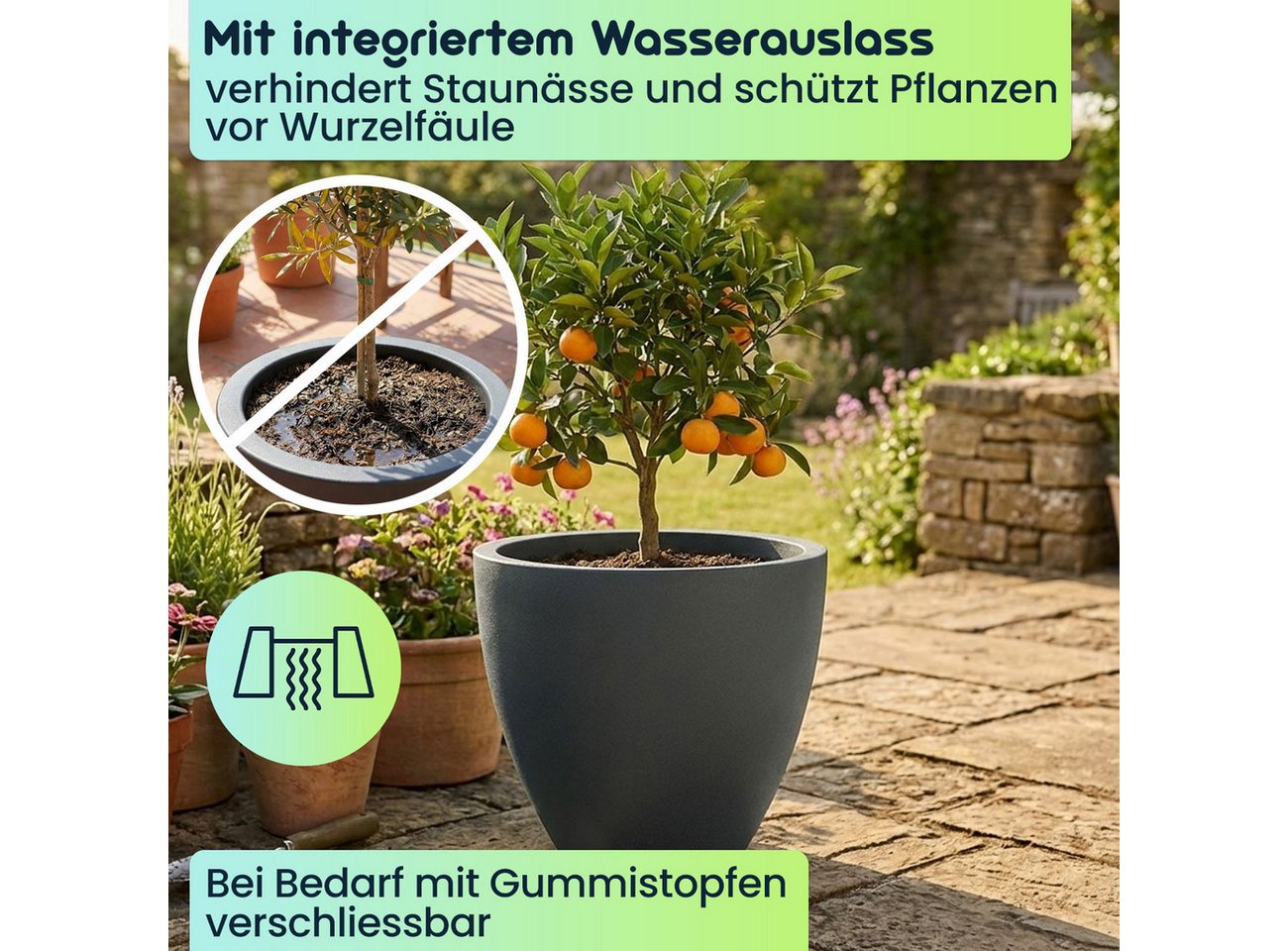 Prosperplast Pflanzkübel Ethick Pflangefäß rund Ø 58 cm Graphit 86L Blumentopf edles Design (1 St., 1er-Set & 2er-Set & 3er-Set), 58,0 x 50,0 cm Kunststoff-Pflanzkübel/Wasserauslass/UV-beständig Bild 3