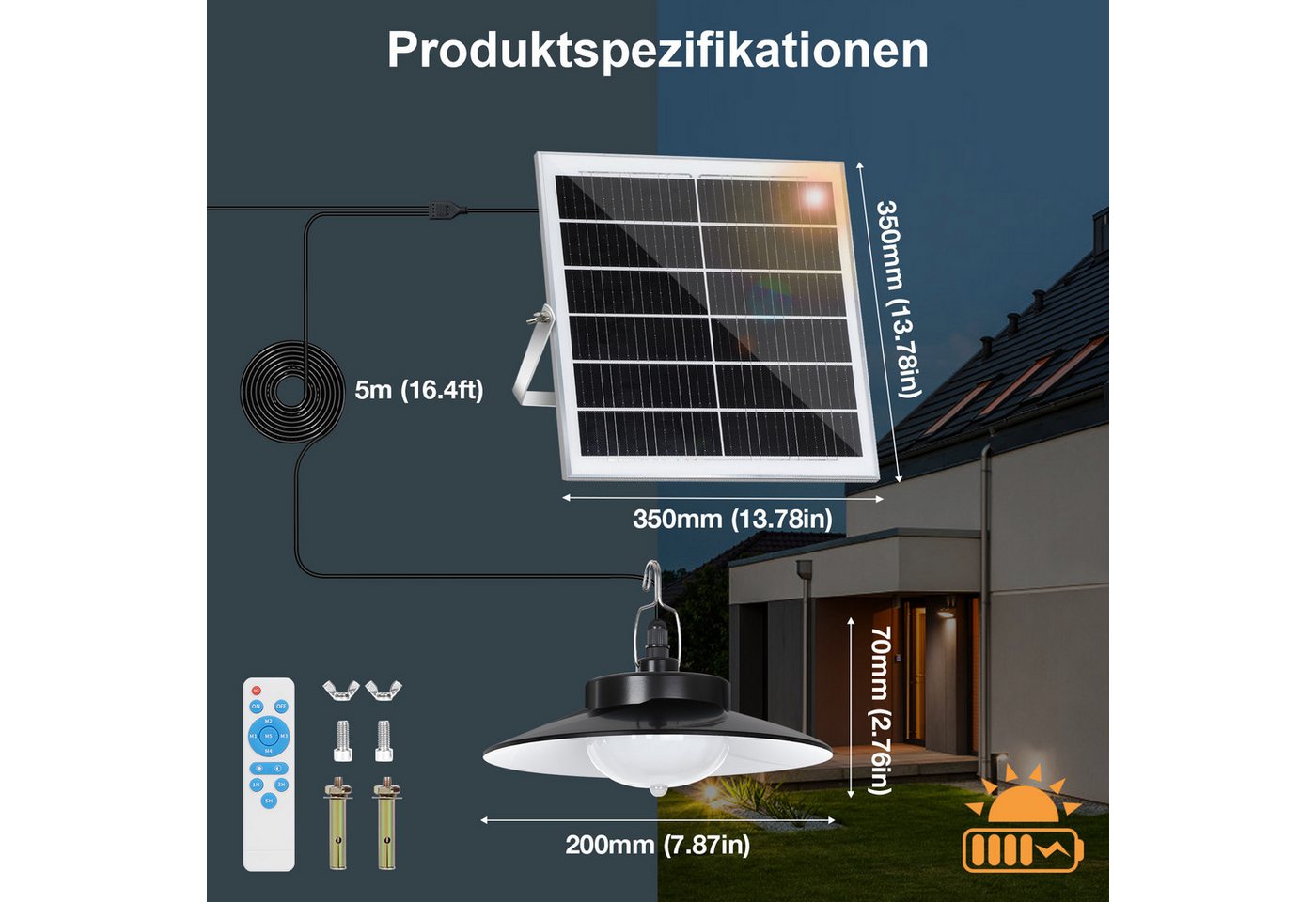 Lapamax LED Solarleuchte für Außen Hängend mit Fernbedienung, Wasserdichte IP65, Bewegungsmelder mit Fernbedienung, weiß, Dimmbare&Zeitgesteuerte, 5m Kabel für Garten Balkon Pavillon Bild 3