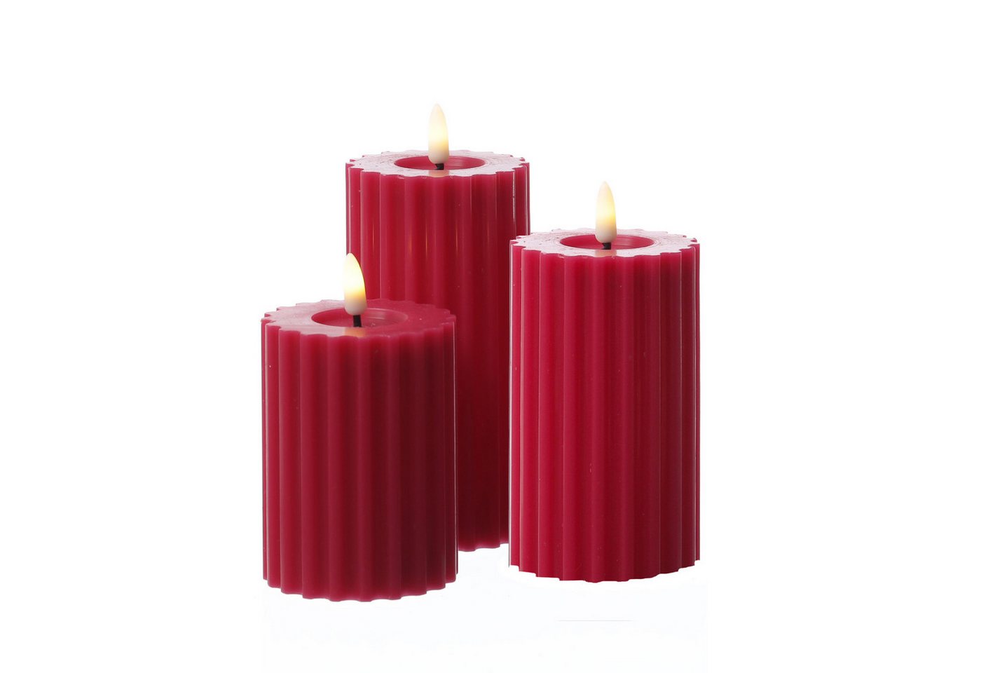 MARELIDA LED-Kerze Liv Echtwachs gerillt mit Rillen flackernd H: 14,5cm Timer beerenrot, LED Classic, warmweiß (2100K bis 3000K)