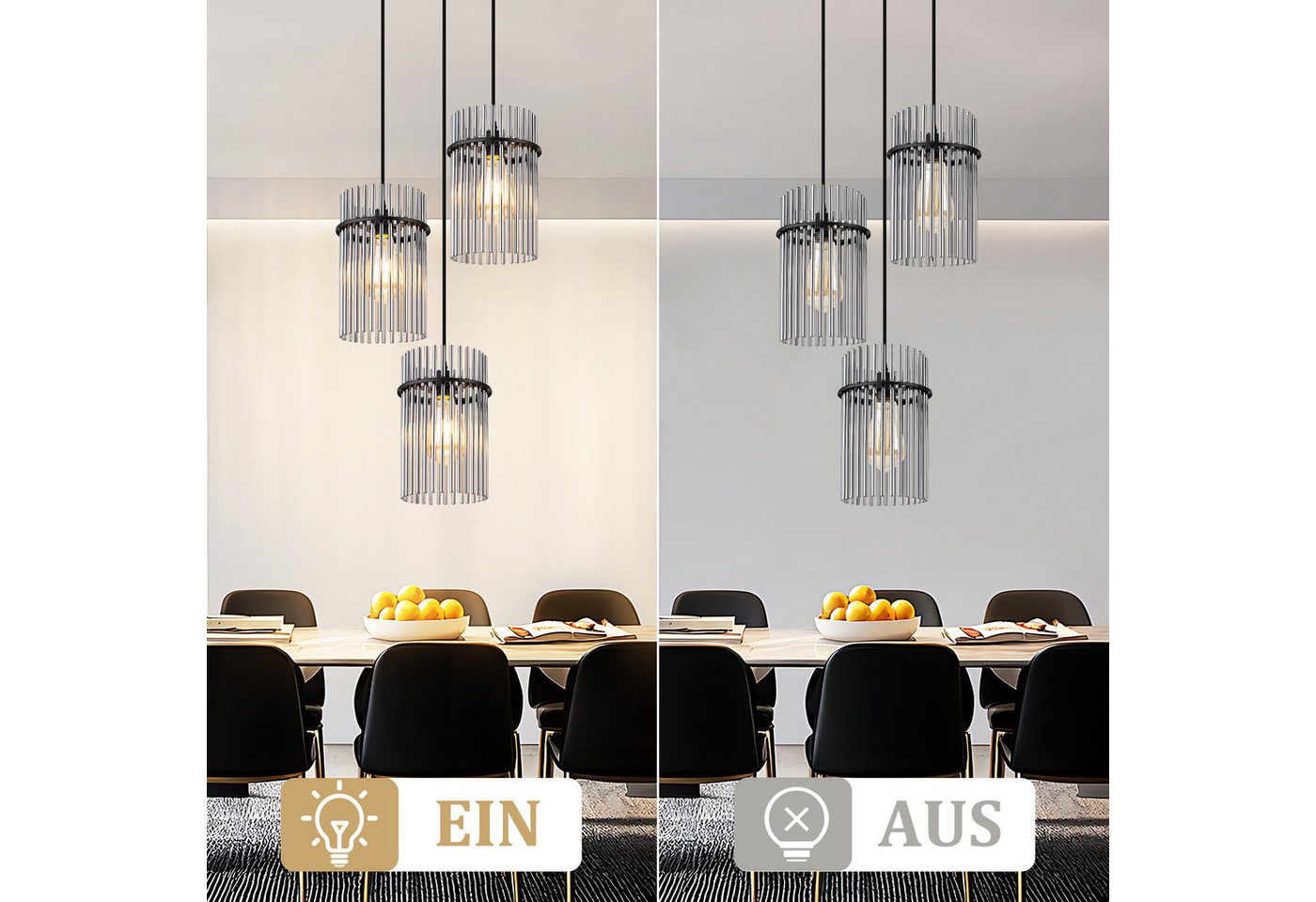 Nettlife LED Pendelleuchte Glas modern Gold/Schwarz E27 Hängelampe 3 Flammig Hängeleuchte 16cm, ohne Leuchtmittel, für esstisch esszimmer Wohnzimmer Küche