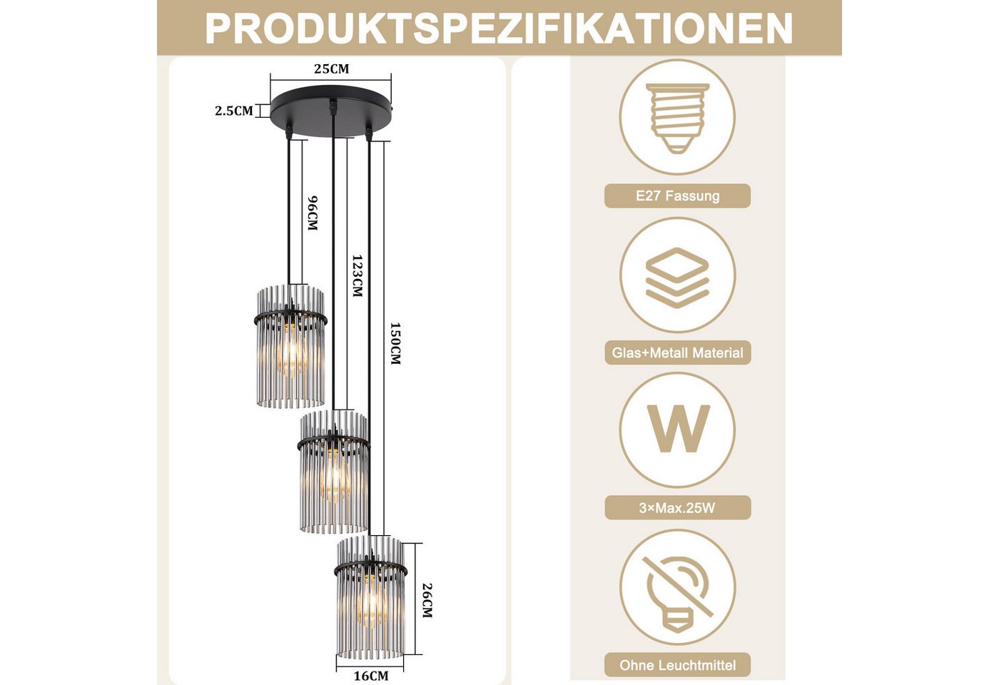 Nettlife LED Pendelleuchte Glas modern Gold/Schwarz E27 Hängelampe 3 Flammig Hängeleuchte 16cm, ohne Leuchtmittel, für esstisch esszimmer Wohnzimmer Küche Bild 4