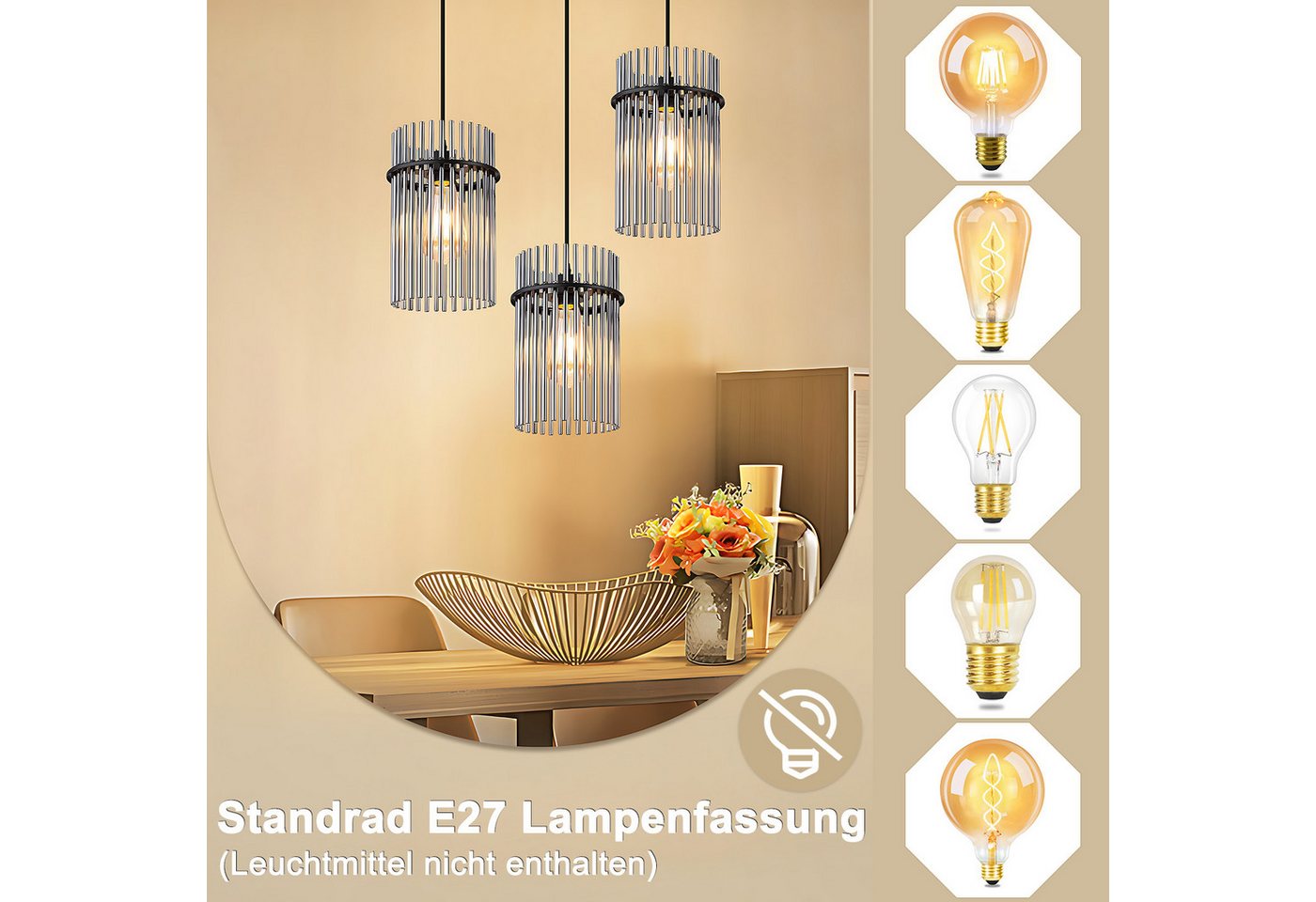 Nettlife LED Pendelleuchte Glas modern Gold/Schwarz E27 Hängelampe 3 Flammig Hängeleuchte 16cm, ohne Leuchtmittel, für esstisch esszimmer Wohnzimmer Küche Bild 5