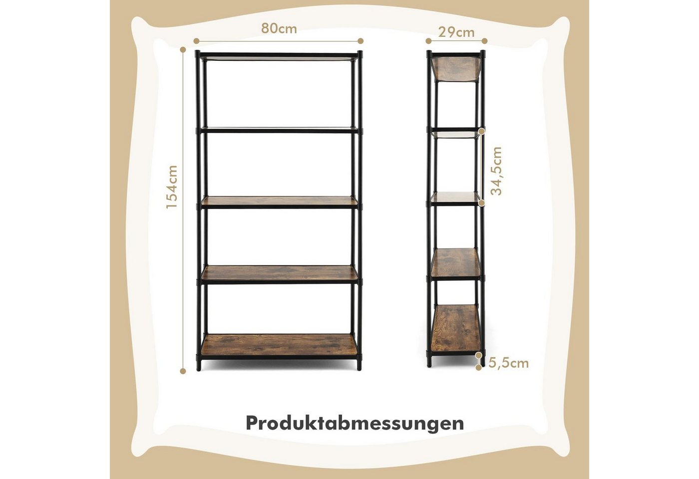 COSTWAY Bücherregal, 5 Ebenen, mit flexibler Montage, 80 x 29 x 154 cm