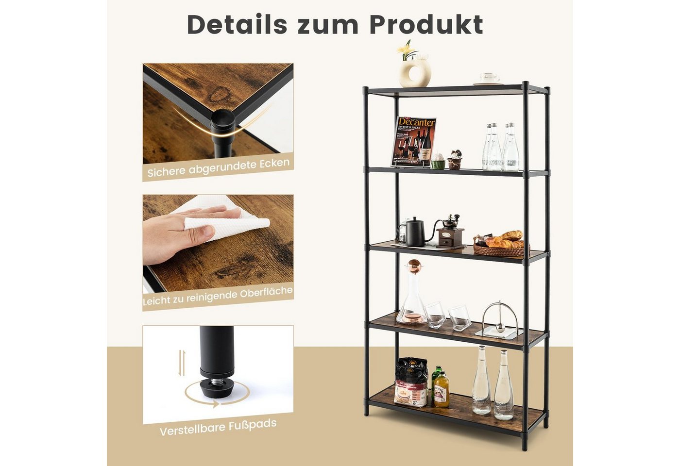 COSTWAY Bücherregal, 5 Ebenen, mit flexibler Montage, 80 x 29 x 154 cm Bild 2