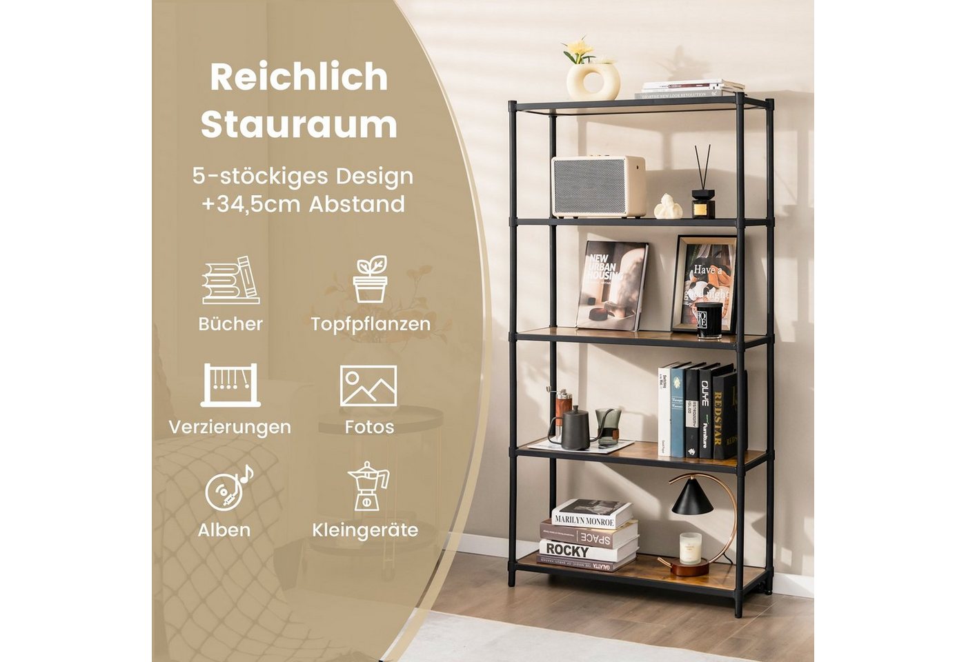 COSTWAY Bücherregal, 5 Ebenen, mit flexibler Montage, 80 x 29 x 154 cm Bild 5