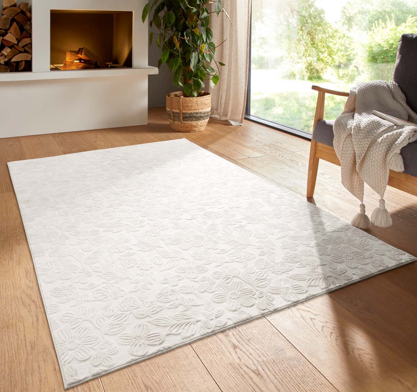 TaraCarpet Teppich TaraCarpet Homestyle 375 Flora, rund, Höhe: 10 mm, Blätteroptik hoch-tief weich waschbar creme 80x80 rund Bild 3