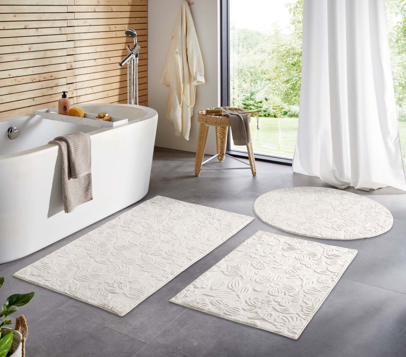 TaraCarpet Teppich TaraCarpet Homestyle 375 Flora, rund, Höhe: 10 mm, Blätteroptik hoch-tief weich waschbar creme 80x80 rund Bild 5