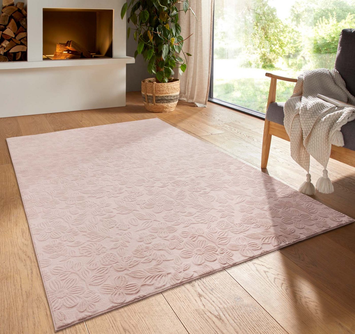 TaraCarpet Teppich TaraCarpet Homestyle 375 Flora, rund, Höhe: 10 mm, Blätteroptik hoch-tief weich waschbar rosa 80x80 rund Bild 2