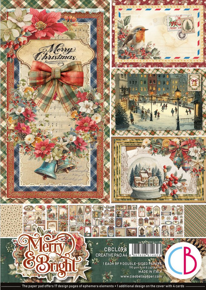 Ciao Bella Motivpapier Papier-Set Merry & Bright, 9 Blatt, A4