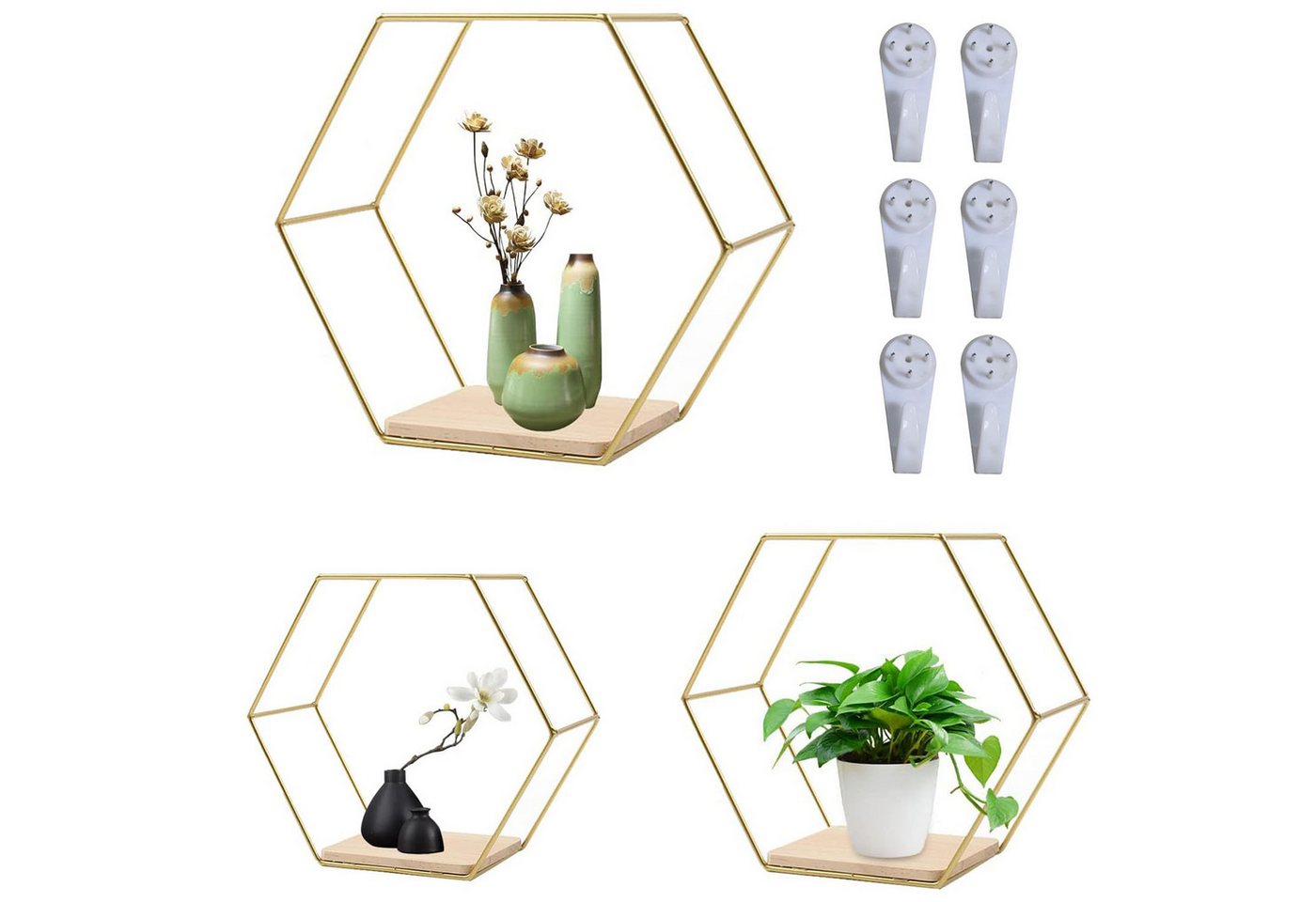 HEYHIPPO Deko-Wandregal Wanddeko Schlafzimmerflur,goldener Metallrahmen,sechseckiges Wandregal, Dekorative Accessoires,Aufbewahrungsregale Zuhause,freie Kombination, Hängendes Pflanzenregal Dreiteiliges Wohnzimmer Dekorative Eisenkunst