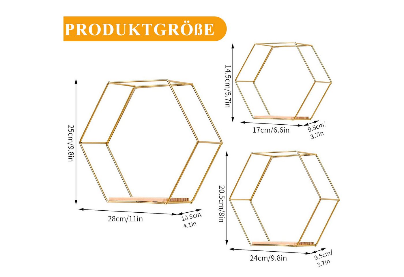 HEYHIPPO Deko-Wandregal Wanddeko Schlafzimmerflur,goldener Metallrahmen,sechseckiges Wandregal, Dekorative Accessoires,Aufbewahrungsregale Zuhause,freie Kombination, Hängendes Pflanzenregal Dreiteiliges Wohnzimmer Dekorative Eisenkunst Bild 2