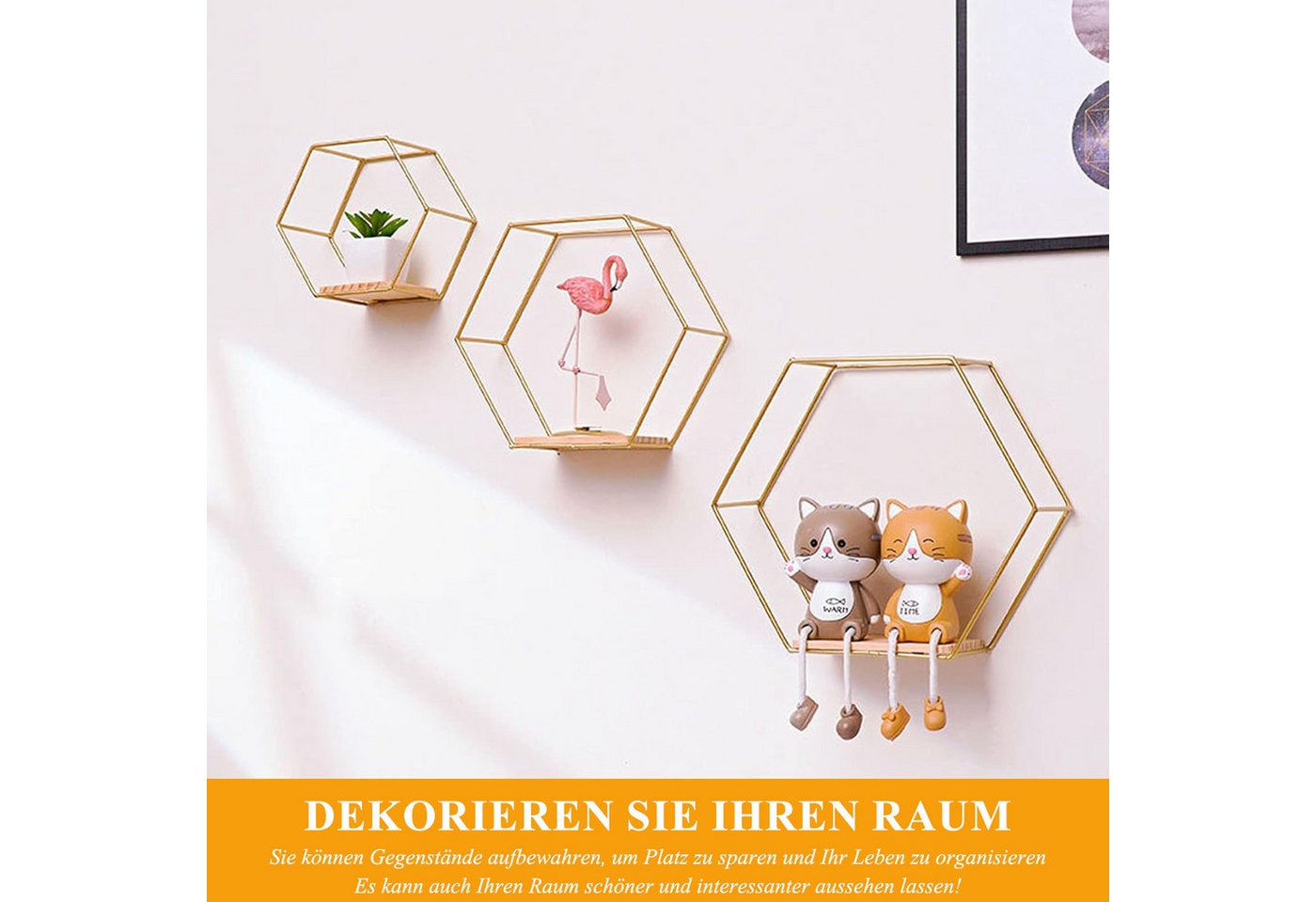 HEYHIPPO Deko-Wandregal Wanddeko Schlafzimmerflur,goldener Metallrahmen,sechseckiges Wandregal, Dekorative Accessoires,Aufbewahrungsregale Zuhause,freie Kombination, Hängendes Pflanzenregal Dreiteiliges Wohnzimmer Dekorative Eisenkunst Bild 3