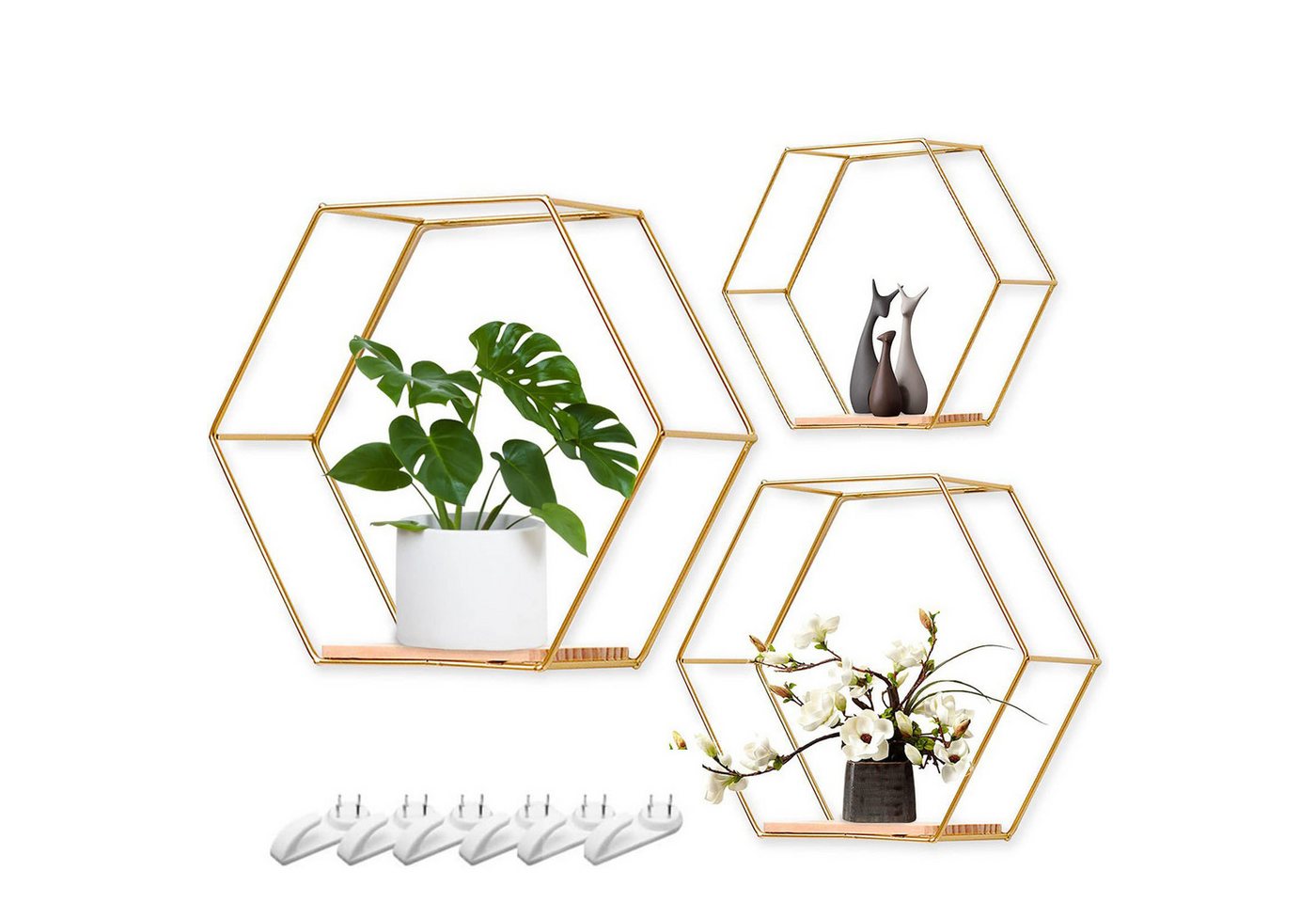HEYHIPPO Deko-Wandregal Wanddeko Schlafzimmerflur,goldener Metallrahmen,sechseckiges Wandregal, Dekorative Accessoires,Aufbewahrungsregale Zuhause,freie Kombination, Hängendes Pflanzenregal Dreiteiliges Wohnzimmer Dekorative Eisenkunst Bild 4