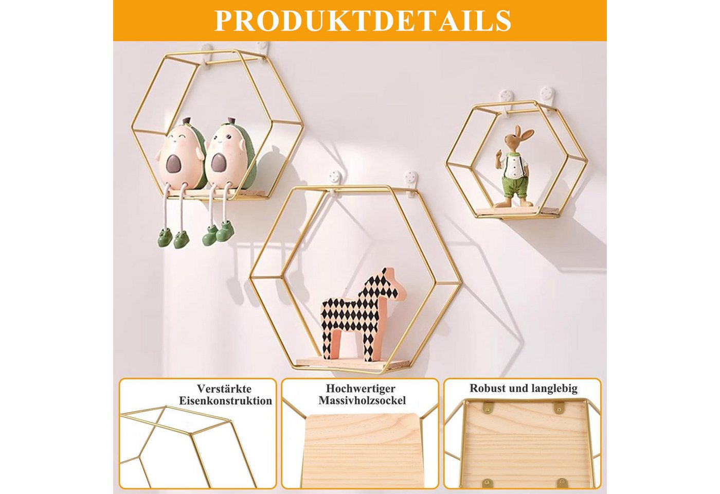 HEYHIPPO Deko-Wandregal Wanddeko Schlafzimmerflur,goldener Metallrahmen,sechseckiges Wandregal, Dekorative Accessoires,Aufbewahrungsregale Zuhause,freie Kombination, Hängendes Pflanzenregal Dreiteiliges Wohnzimmer Dekorative Eisenkunst Bild 5