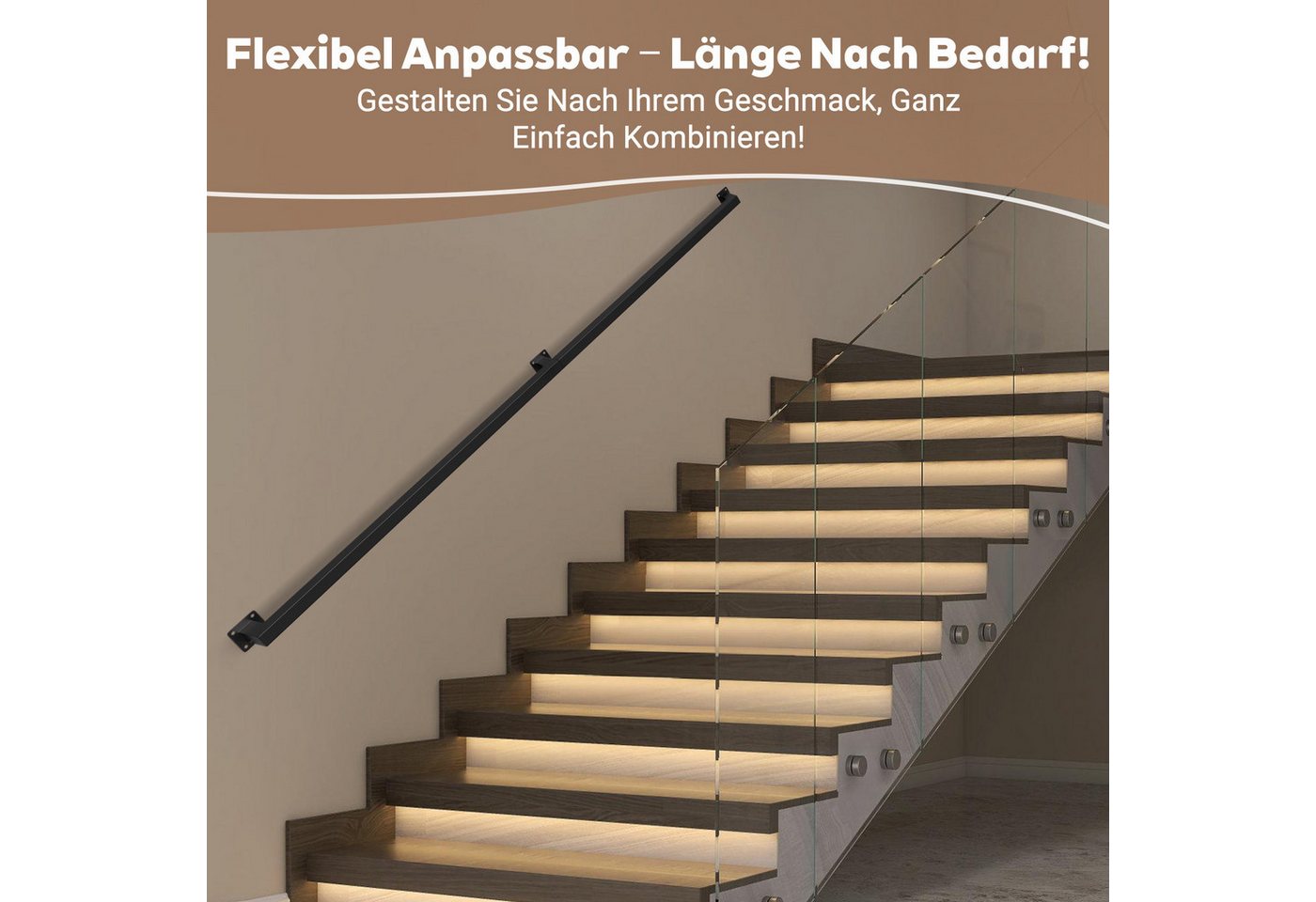 Clanmacy Treppengeländer Handlauf Set Metall Schwarz pulverbeschichteter Treppenhandlauf 300cm, 300 cm Länge Bild 3