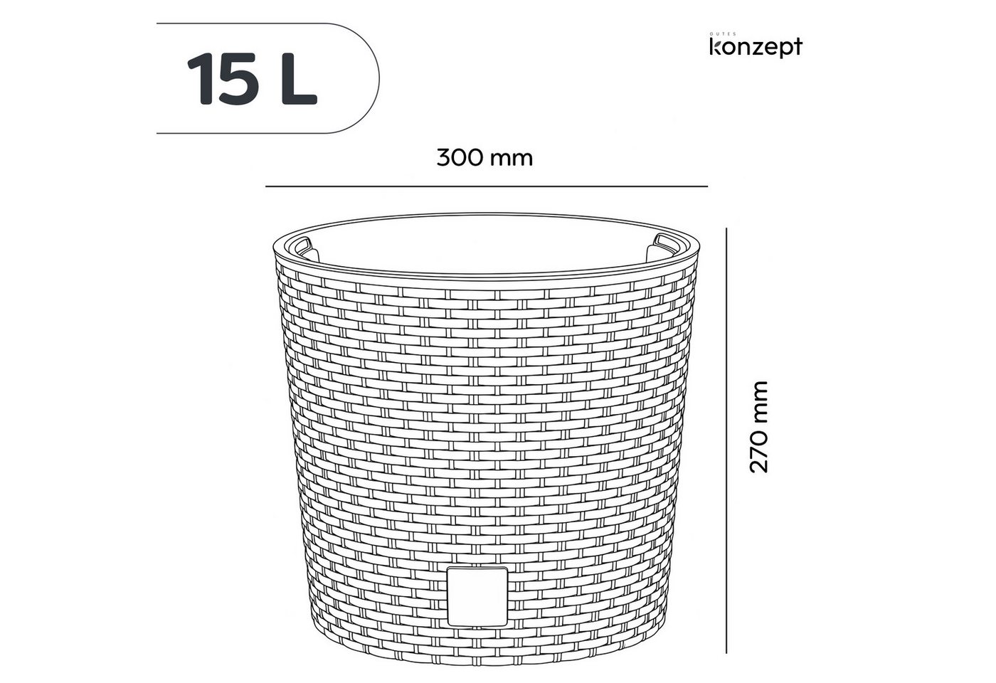 KONZEPT Blumentopf Ø 30 cm mit Einsatz, 15 L, mit Drainagesystem, in Rattan-Optik, Rattan-Optik/Flechtstruktur, Matte Oberfläche, Volumen: 15 L