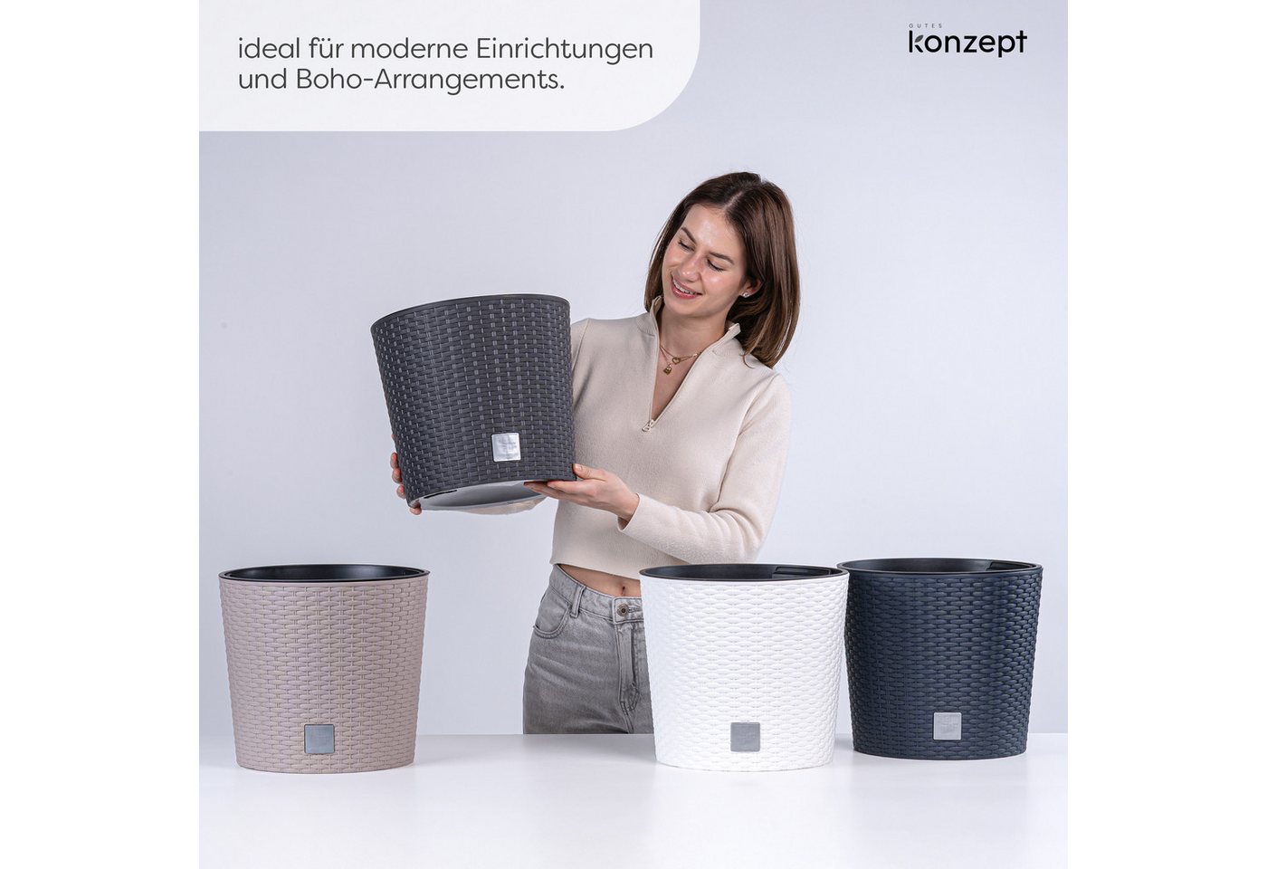 KONZEPT Blumentopf Ø 30 cm mit Einsatz, 15 L, mit Drainagesystem, in Rattan-Optik, Rattan-Optik/Flechtstruktur, Matte Oberfläche, Volumen: 15 L Bild 2