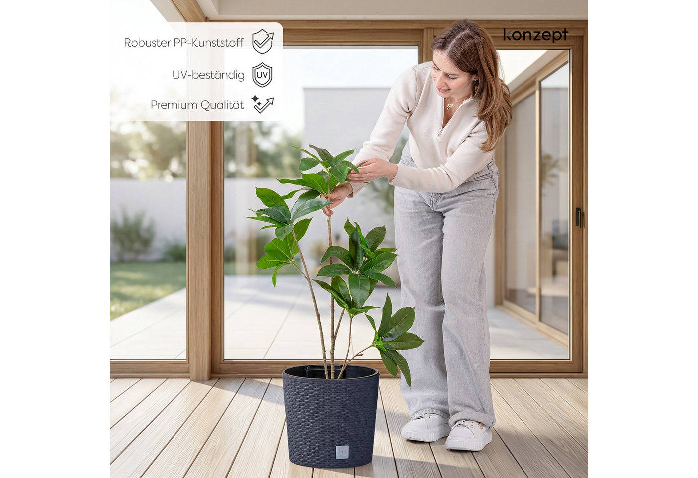 KONZEPT Blumentopf Ø 30 cm mit Einsatz, 15 L, mit Drainagesystem, in Rattan-Optik, Rattan-Optik/Flechtstruktur, Matte Oberfläche, Volumen: 15 L Bild 4