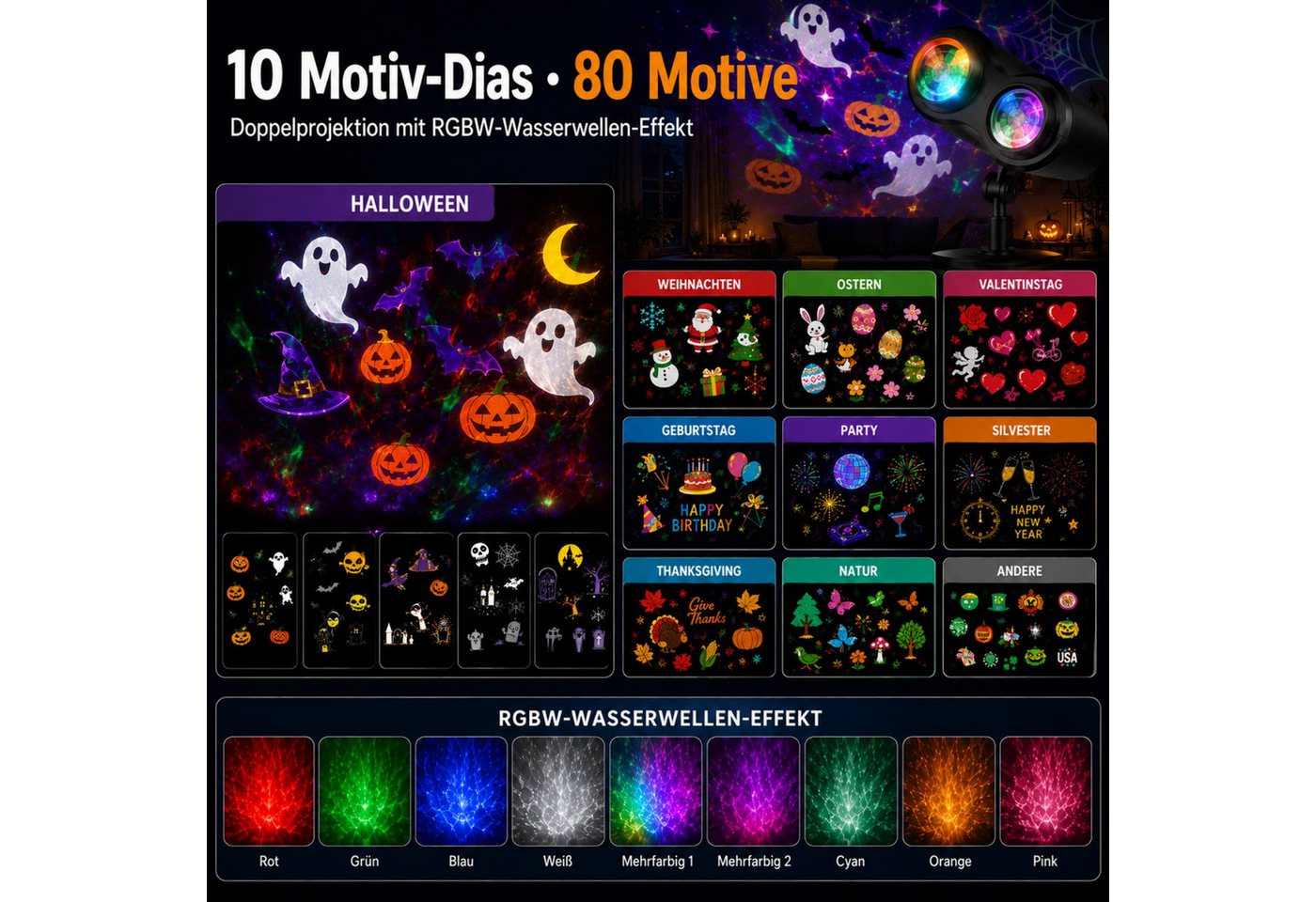 ANYSUN Projektionslampe Halloween Projektor Innen & Außen, LED Projektionslampe, 80 Motive, Mit Fernbedienung, RGBW-Wasserwelle & 3 Montagearten für Haus & Garten Bild 5