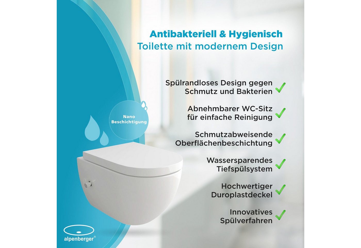 Alpenberger Dusch-WC Set - Hänge WC mit Bidet Funktion und integrierter Armatur, Wandmontage, Abgang Waagerecht, Komplett Set Wand WC Spülrandlos, Toilette mit Nano und WC Deckel mit Absenkautomatik - Made in EU