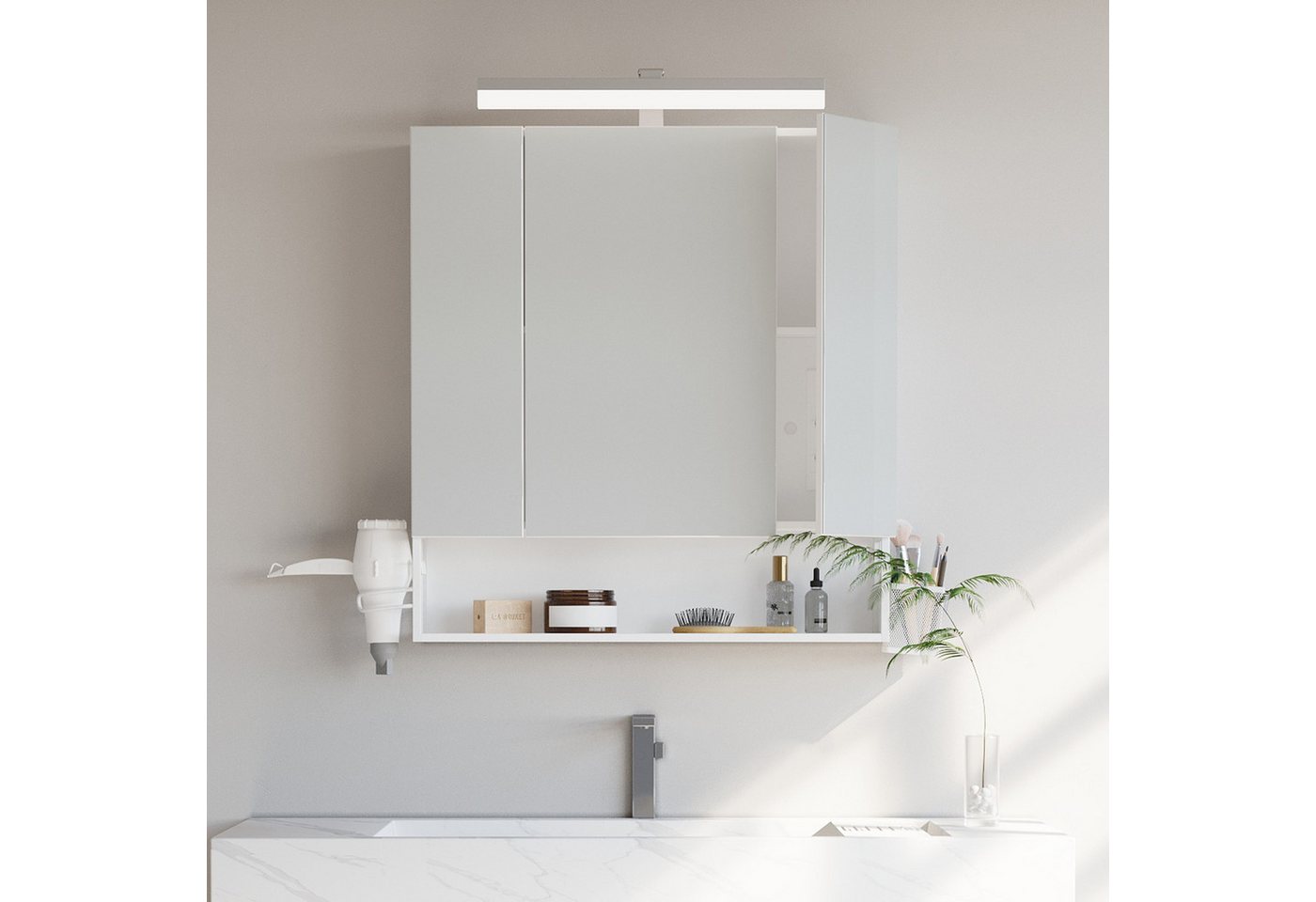 VASAGLE Spiegelschrank Hängekorb, 3 Spiegeltüren 70 x 16,5 x 75 cm, Bad mit Beleuchtung, Stecker, Haartrockner-Halter
