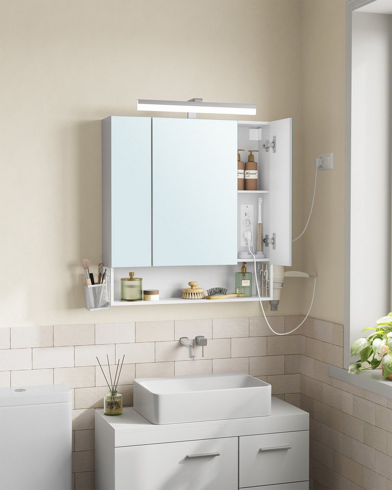 VASAGLE Spiegelschrank Hängekorb, 3 Spiegeltüren 70 x 16,5 x 75 cm, Bad mit Beleuchtung, Stecker, Haartrockner-Halter Bild 2