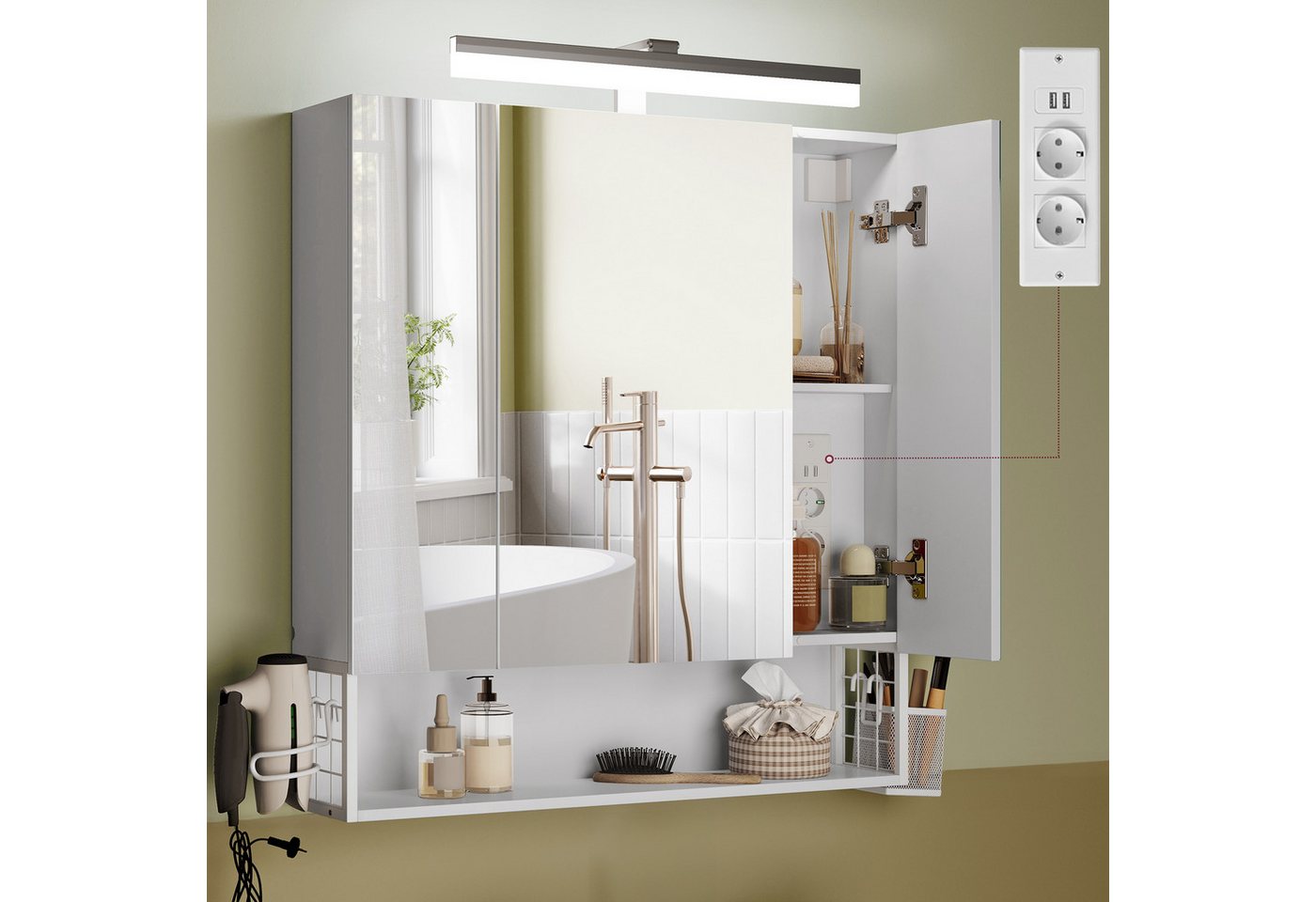 VASAGLE Spiegelschrank Hängekorb, 3 Spiegeltüren 70 x 16,5 x 75 cm, Bad mit Beleuchtung, Stecker, Haartrockner-Halter Bild 3