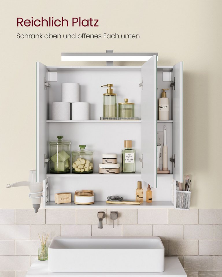 VASAGLE Spiegelschrank Hängekorb, 3 Spiegeltüren 70 x 16,5 x 75 cm, Bad mit Beleuchtung, Stecker, Haartrockner-Halter Bild 4