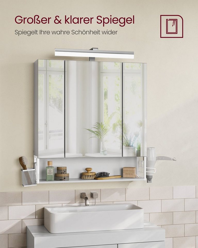 VASAGLE Spiegelschrank Hängekorb, 3 Spiegeltüren 70 x 16,5 x 75 cm, Bad mit Beleuchtung, Stecker, Haartrockner-Halter Bild 5