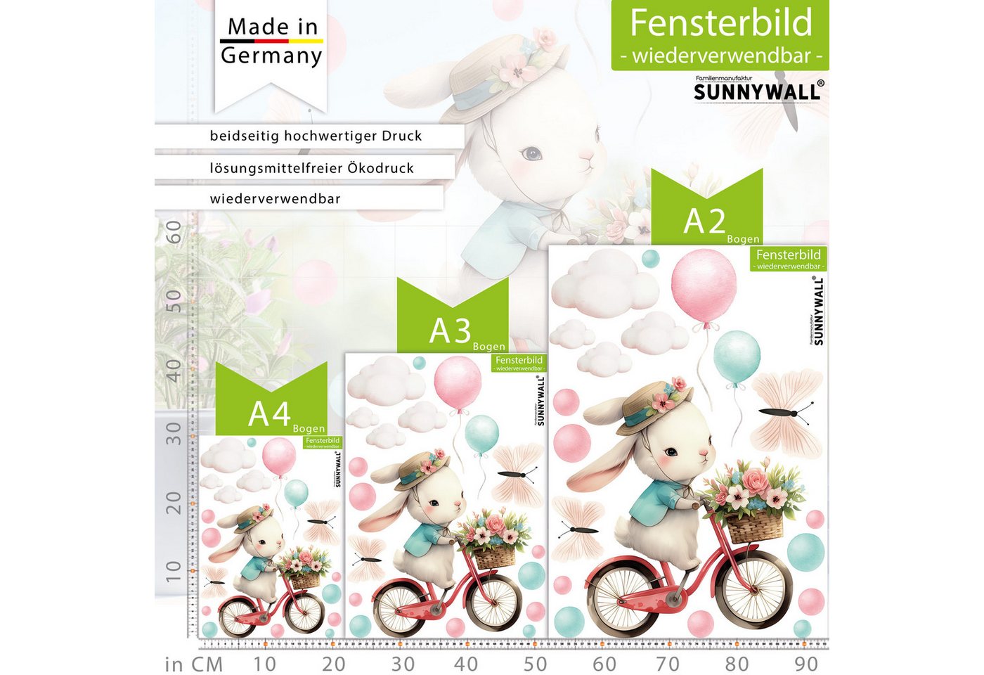Sunnywall Fensterdekoration wiederverwendbares Fensterbild Hase auf Fahrrad Ballon Schmetterling, wiederverwendbar, statisch haftend, beidseitiger Druck