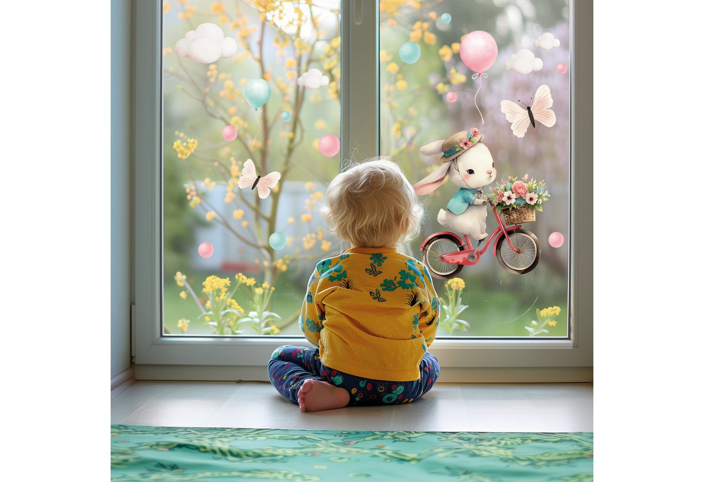 Sunnywall Fensterdekoration wiederverwendbares Fensterbild Hase auf Fahrrad Ballon Schmetterling, wiederverwendbar, statisch haftend, beidseitiger Druck Bild 2