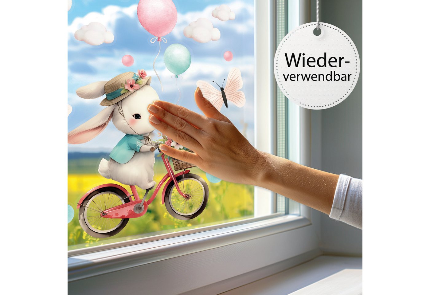 Sunnywall Fensterdekoration wiederverwendbares Fensterbild Hase auf Fahrrad Ballon Schmetterling, wiederverwendbar, statisch haftend, beidseitiger Druck Bild 3