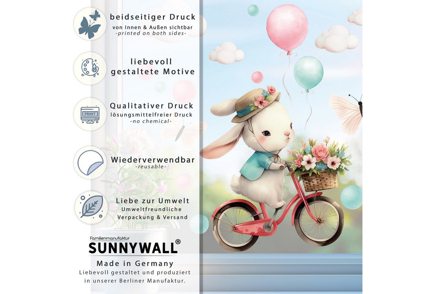 Sunnywall Fensterdekoration wiederverwendbares Fensterbild Hase auf Fahrrad Ballon Schmetterling, wiederverwendbar, statisch haftend, beidseitiger Druck Bild 4