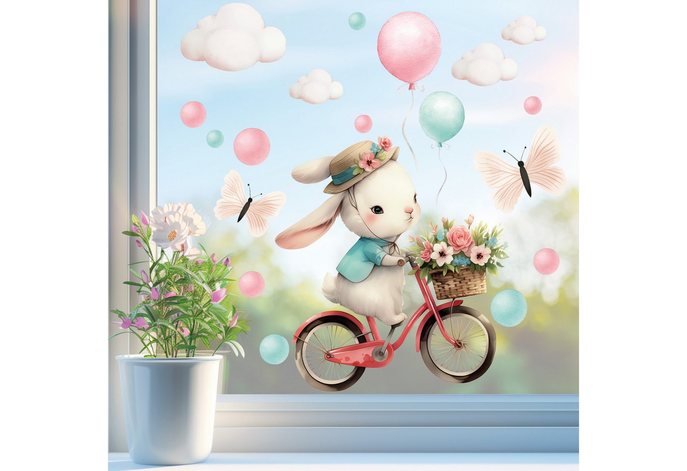 Sunnywall Fensterdekoration wiederverwendbares Fensterbild Hase auf Fahrrad Ballon Schmetterling, wiederverwendbar, statisch haftend, beidseitiger Druck Bild 5