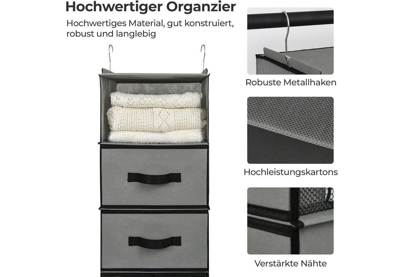 LuxusKollektion Hängeregal Kleiderschrank Organizer Hängend mit Schubladen, Grau