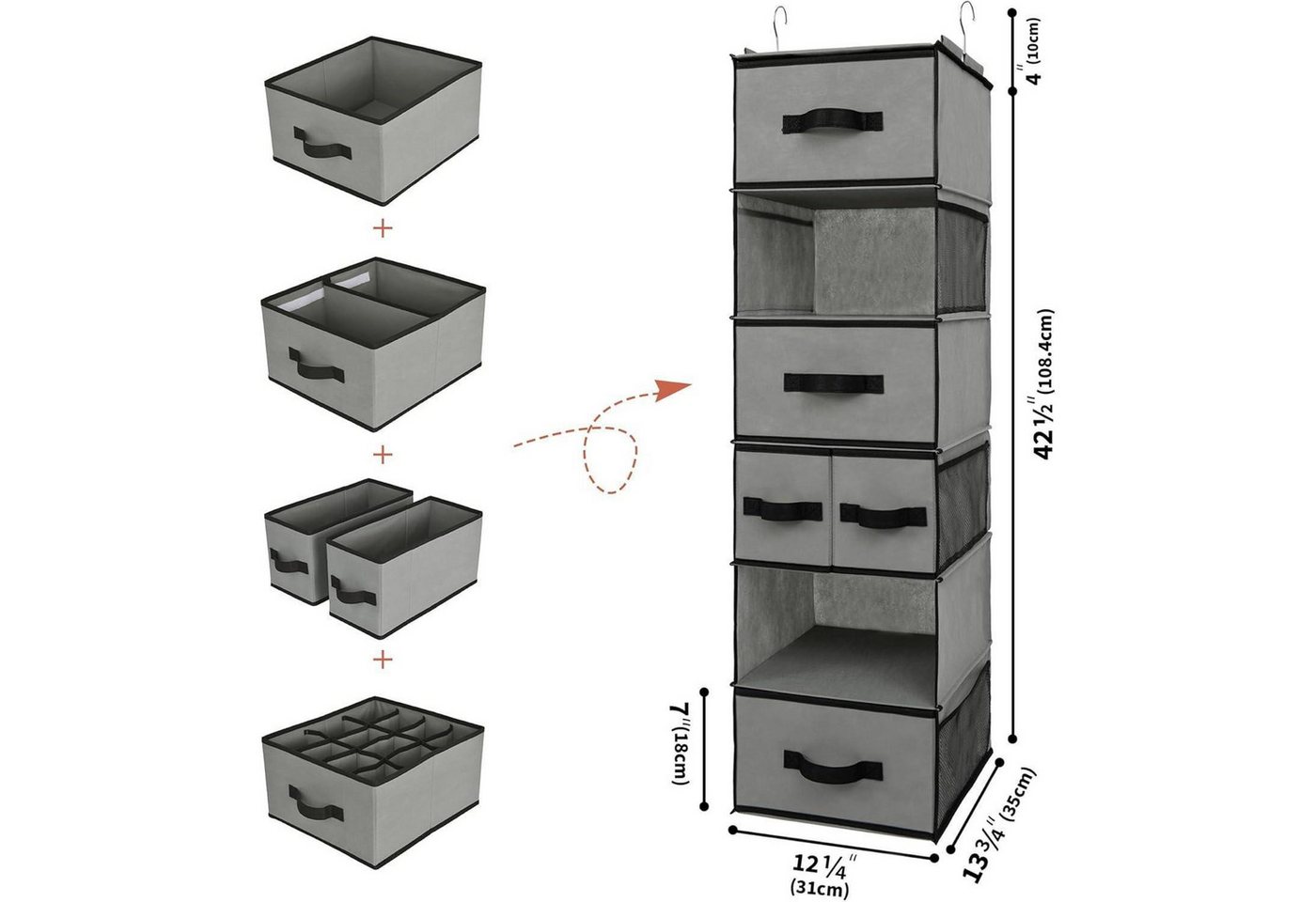LuxusKollektion Hängeregal Kleiderschrank Organizer Hängend mit Schubladen, Grau Bild 5