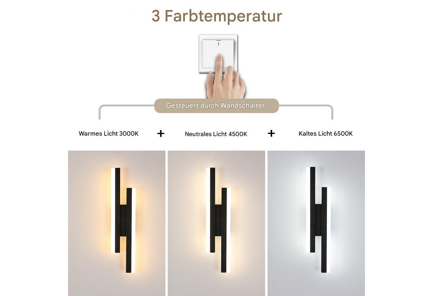 Riserva LED Wandleuchte LED Wandleuchte Innen Modern 16W, 6500K Kaltweiß, Schwarz, 40cm, LED wechselbar, Tageslichtweiß, Wandlampe Linear Lange für Schlafzimmer,Wohnzimmer,Flur,Treppenhaus Bild 2