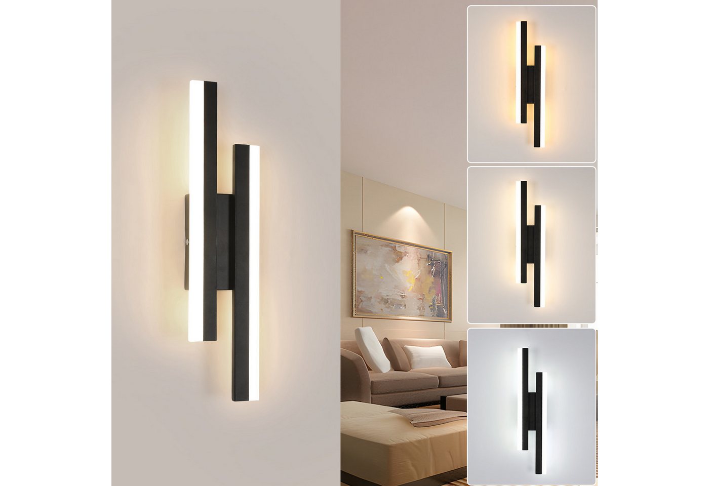 Riserva LED Wandleuchte LED Wandleuchte Innen Modern 16W, 6500K Kaltweiß, Schwarz, 40cm, LED wechselbar, Tageslichtweiß, Wandlampe Linear Lange für Schlafzimmer,Wohnzimmer,Flur,Treppenhaus Bild 5