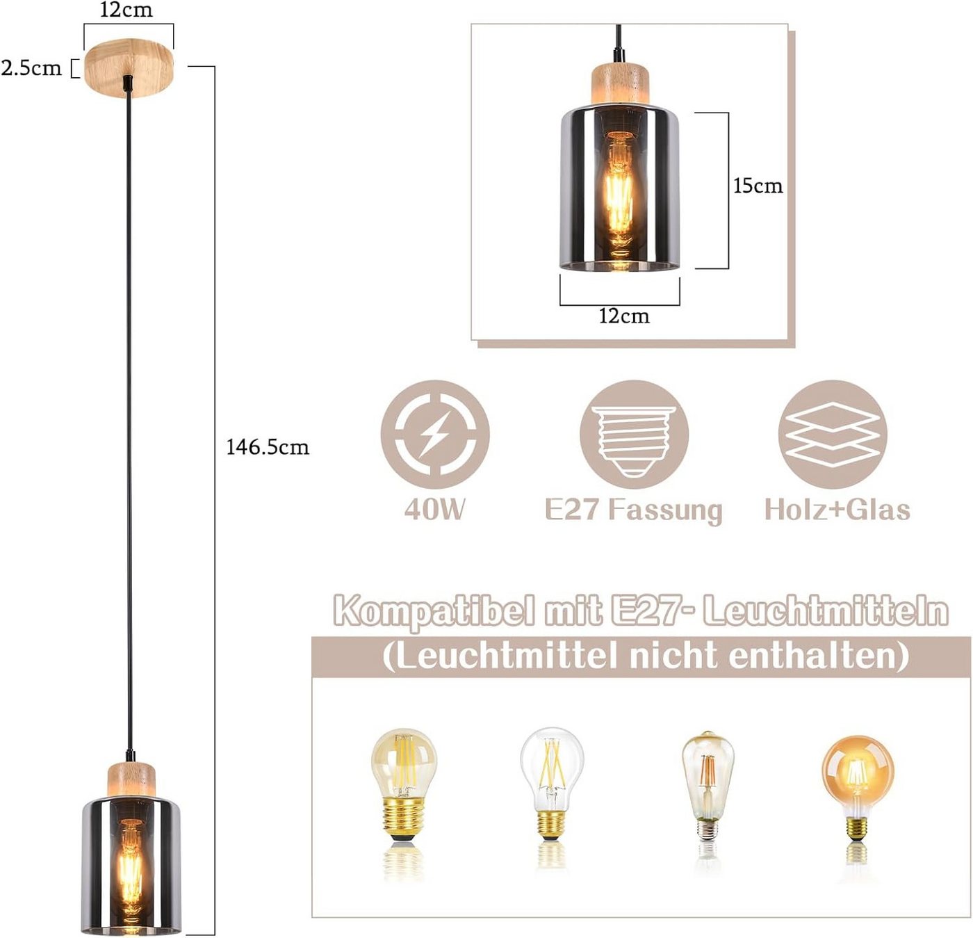 Nettlife Pendelleuchte Vintage Holz 1/3/4 flammig Industrial Hängelampe E27, Höhenverstellbar, LED wechselbar, Rauchglas Hängelampe für Küche Esszimmer Flur