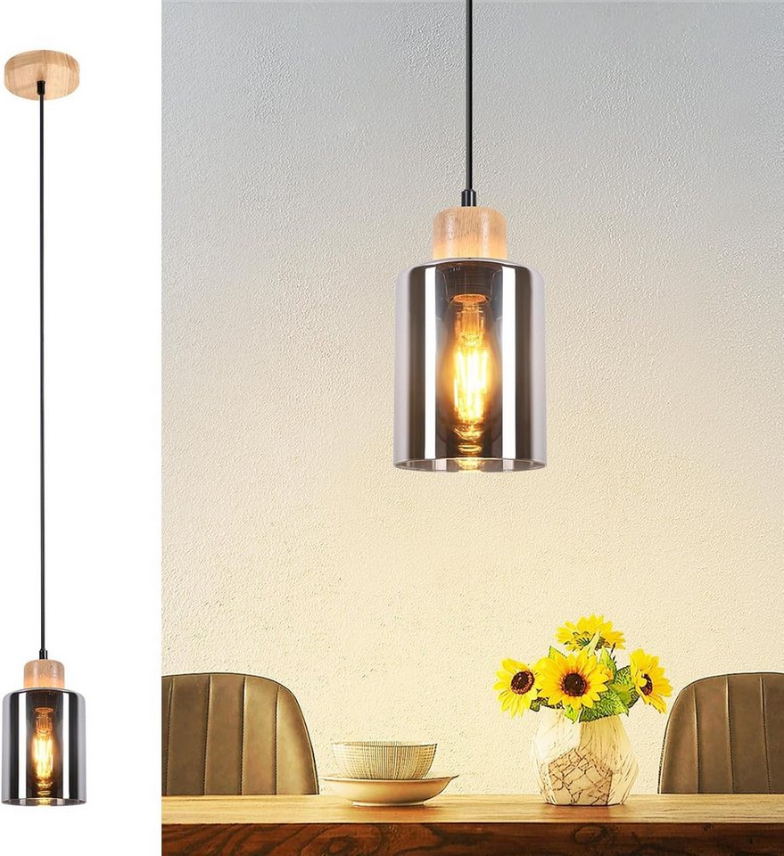 Nettlife Pendelleuchte Vintage Holz 1/3/4 flammig Industrial Hängelampe E27, Höhenverstellbar, LED wechselbar, Rauchglas Hängelampe für Küche Esszimmer Flur Bild 3