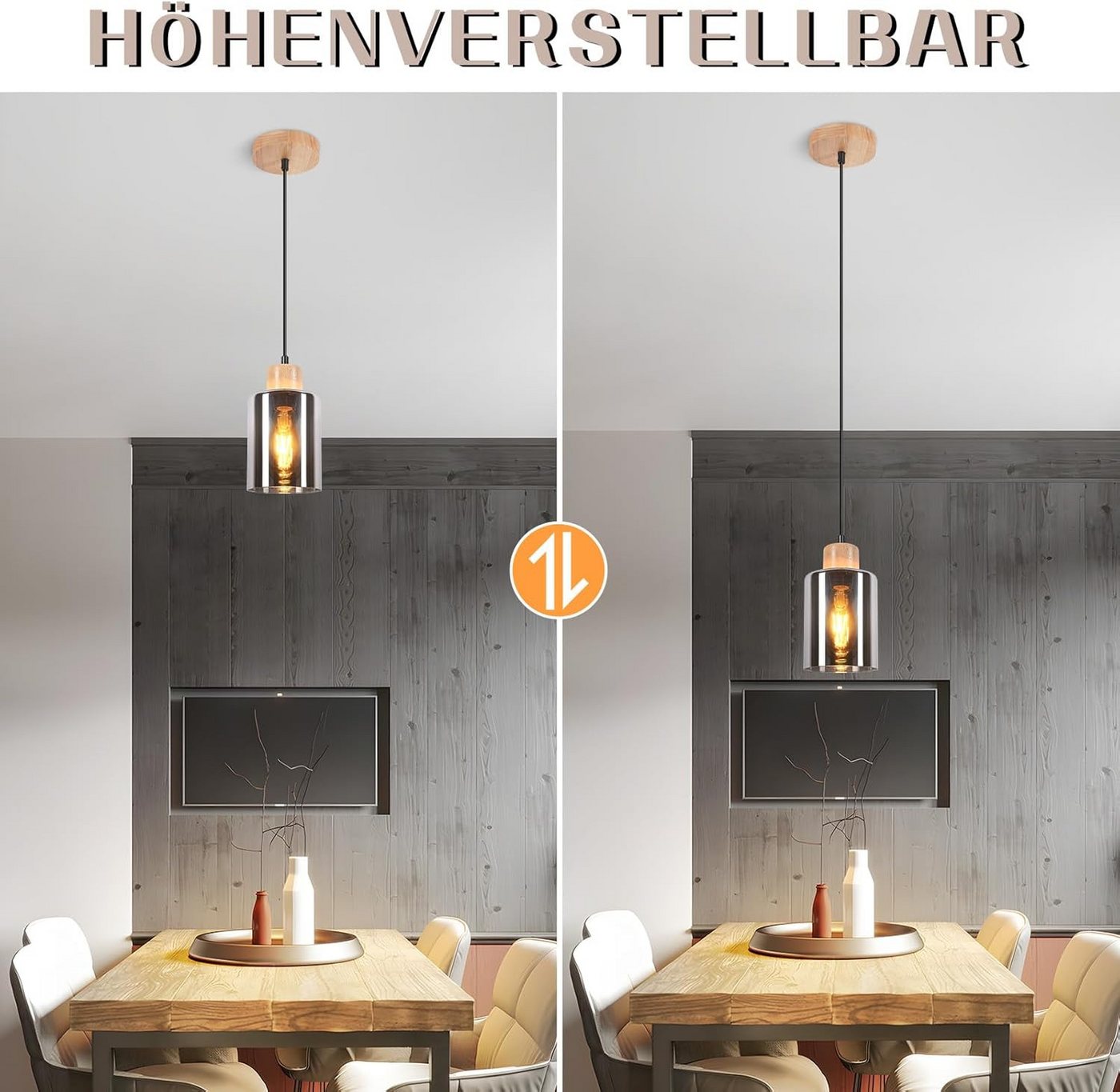 Nettlife Pendelleuchte Vintage Holz 1/3/4 flammig Industrial Hängelampe E27, Höhenverstellbar, LED wechselbar, Rauchglas Hängelampe für Küche Esszimmer Flur Bild 4