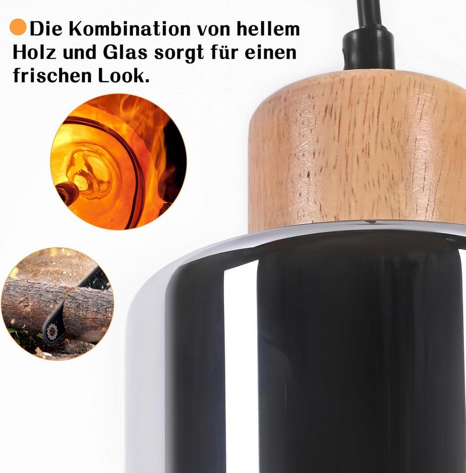 Nettlife Pendelleuchte Vintage Holz 1/3/4 flammig Industrial Hängelampe E27, Höhenverstellbar, LED wechselbar, Rauchglas Hängelampe für Küche Esszimmer Flur Bild 5