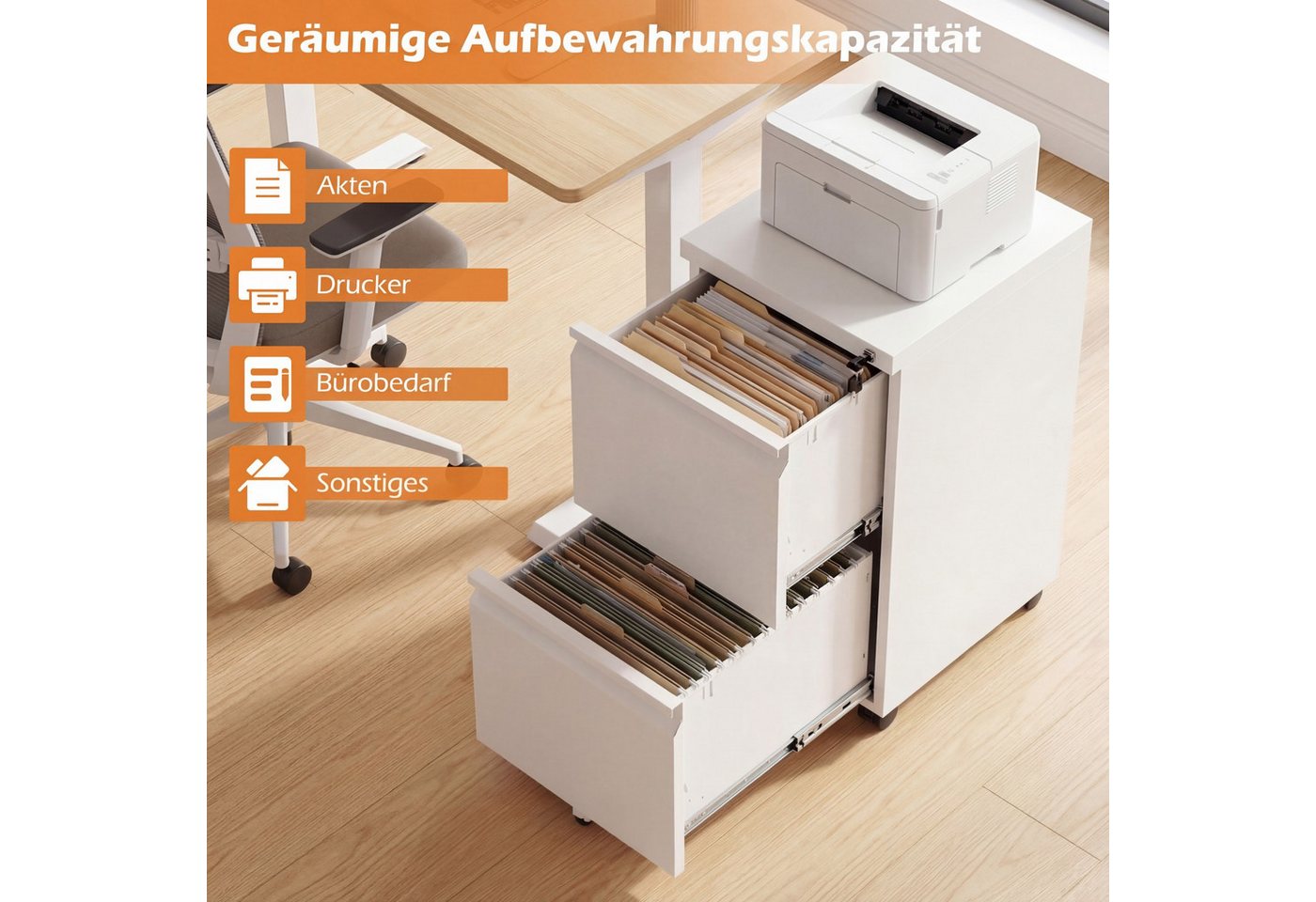 COSTWAY Rollcontainer, Aktenschrank abschließbar Stahl mit 2 Schubladen 44x37x67cm Bild 3