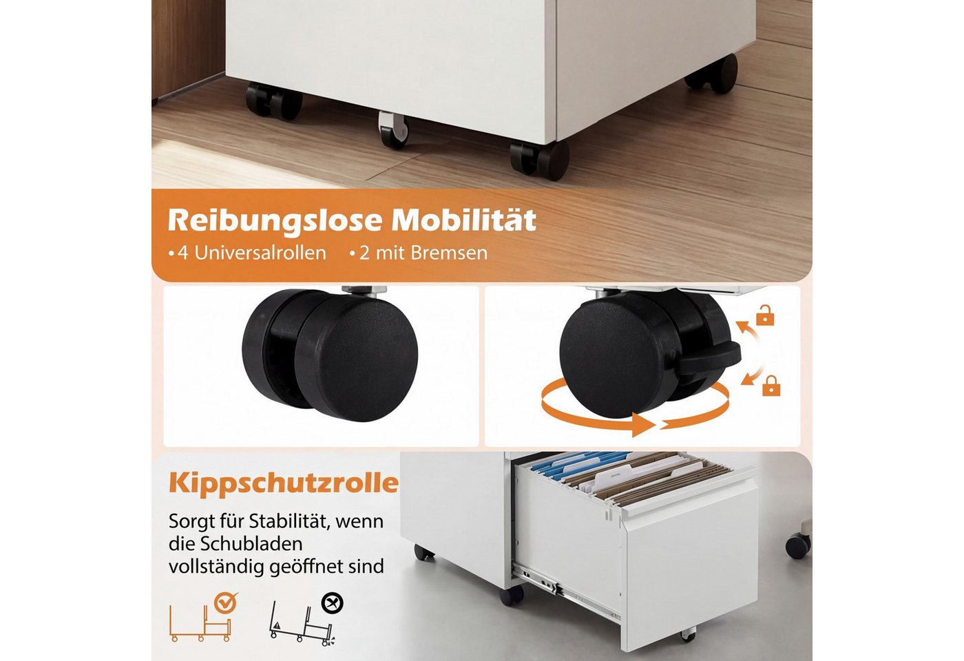 COSTWAY Rollcontainer, Aktenschrank abschließbar Stahl mit 2 Schubladen 44x37x67cm Bild 5